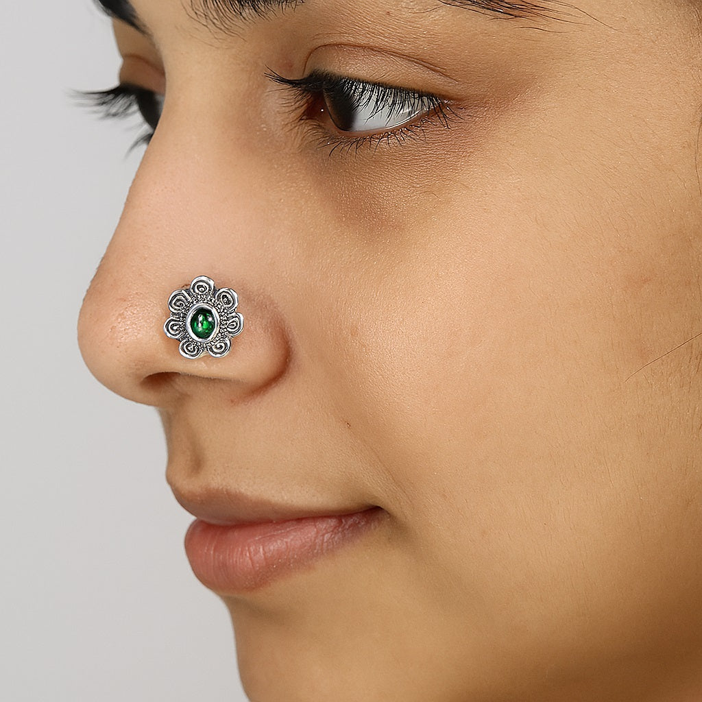 Spiral Floral Design Green Stone Nose Pin - Sterling Silver