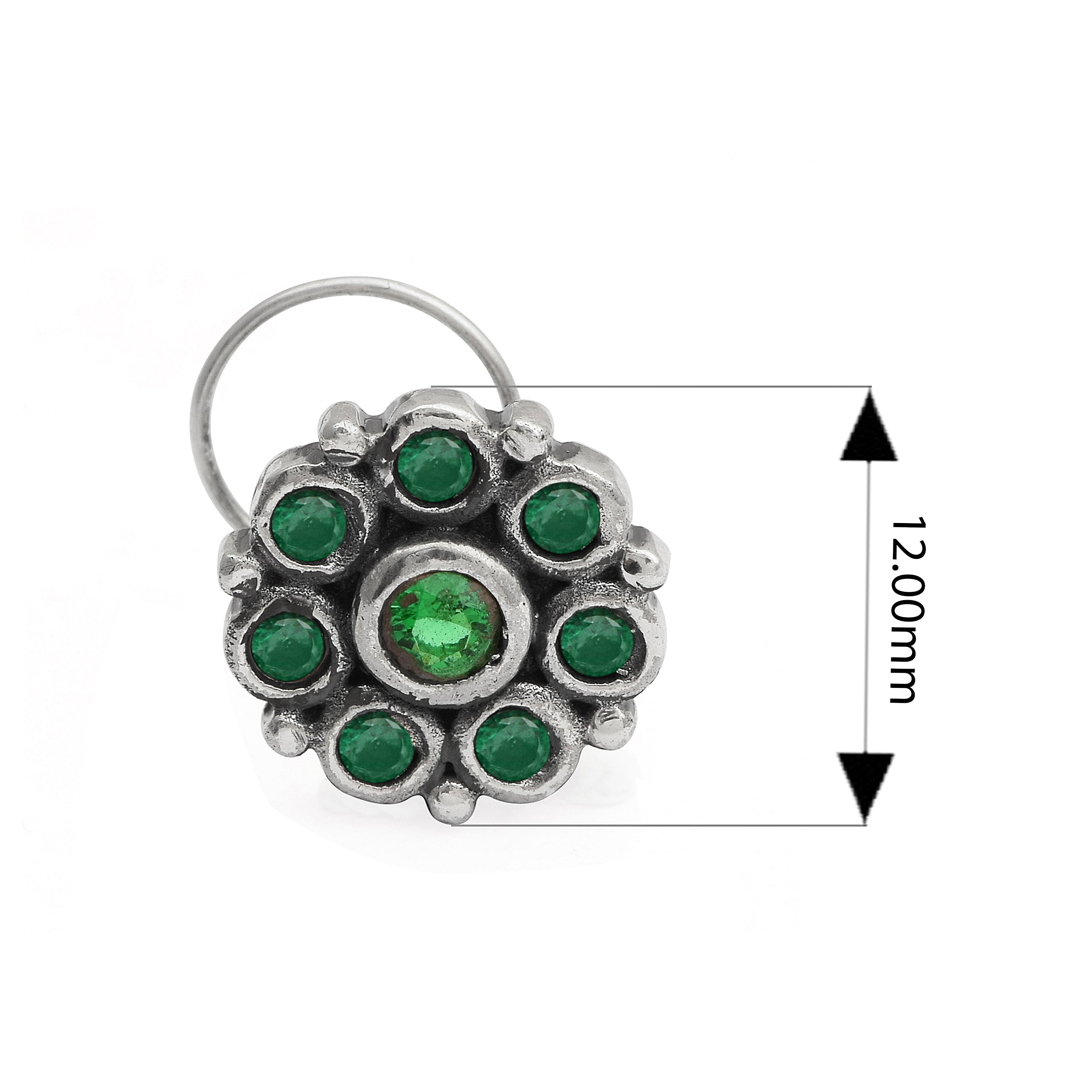 Cluster Spiral Design Green Stone Nose Pin - Sterling Silver