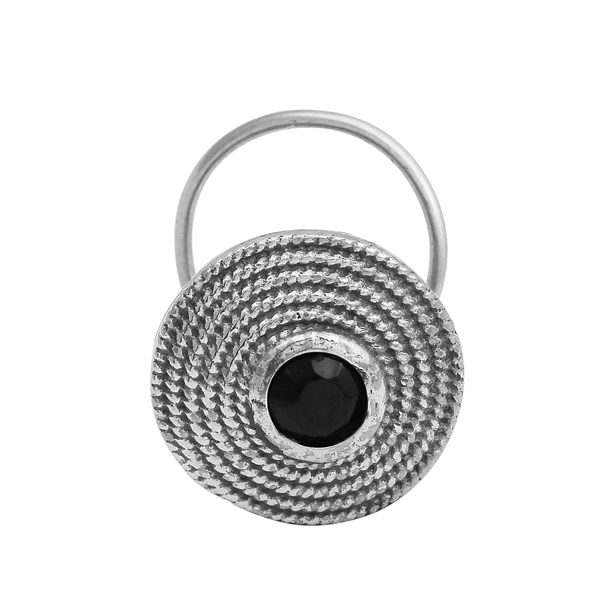 Textured Round Black Gemstone Nose Pin - Sterling Silver