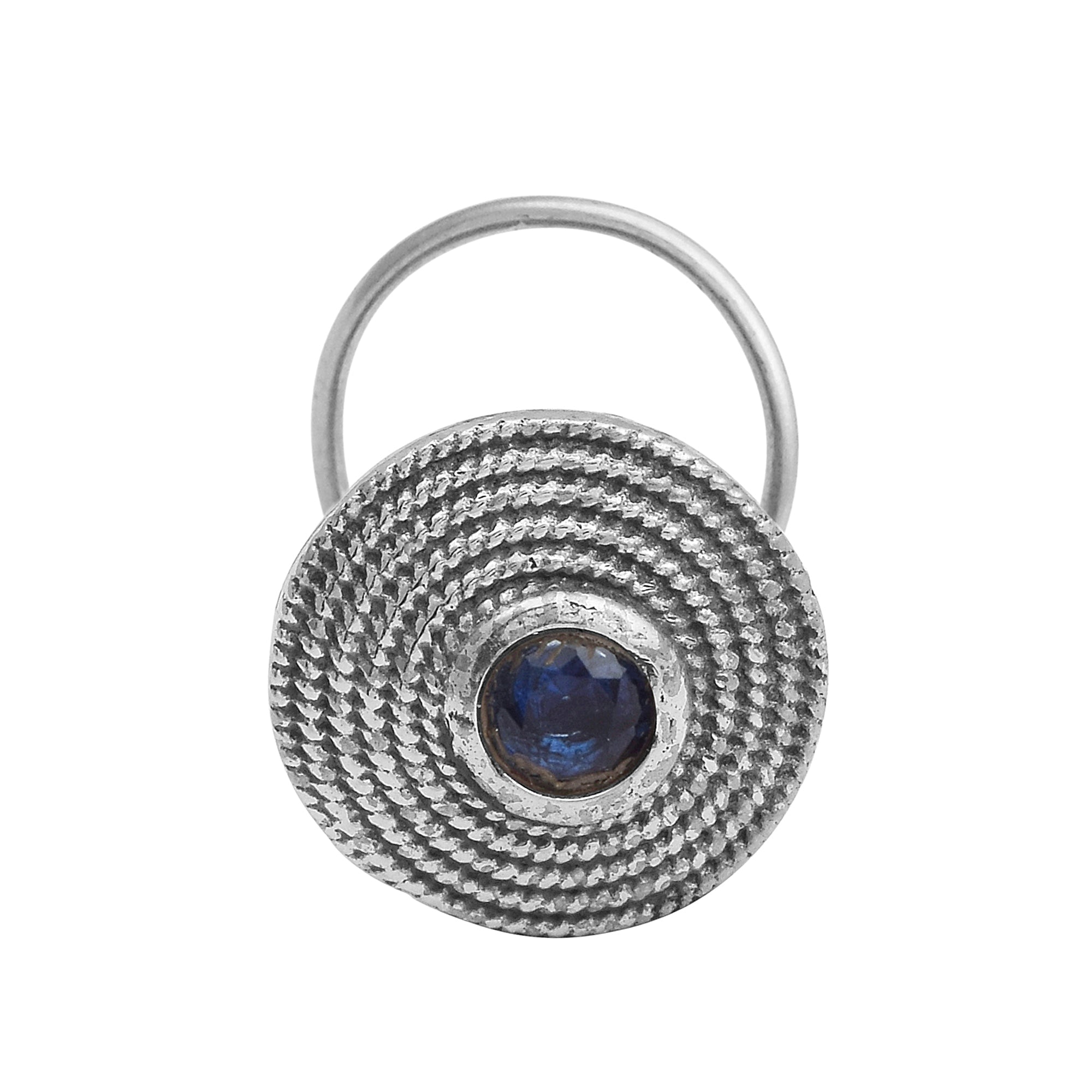 Textured Round Blue Gemstone Nose Pin - Sterling Silver