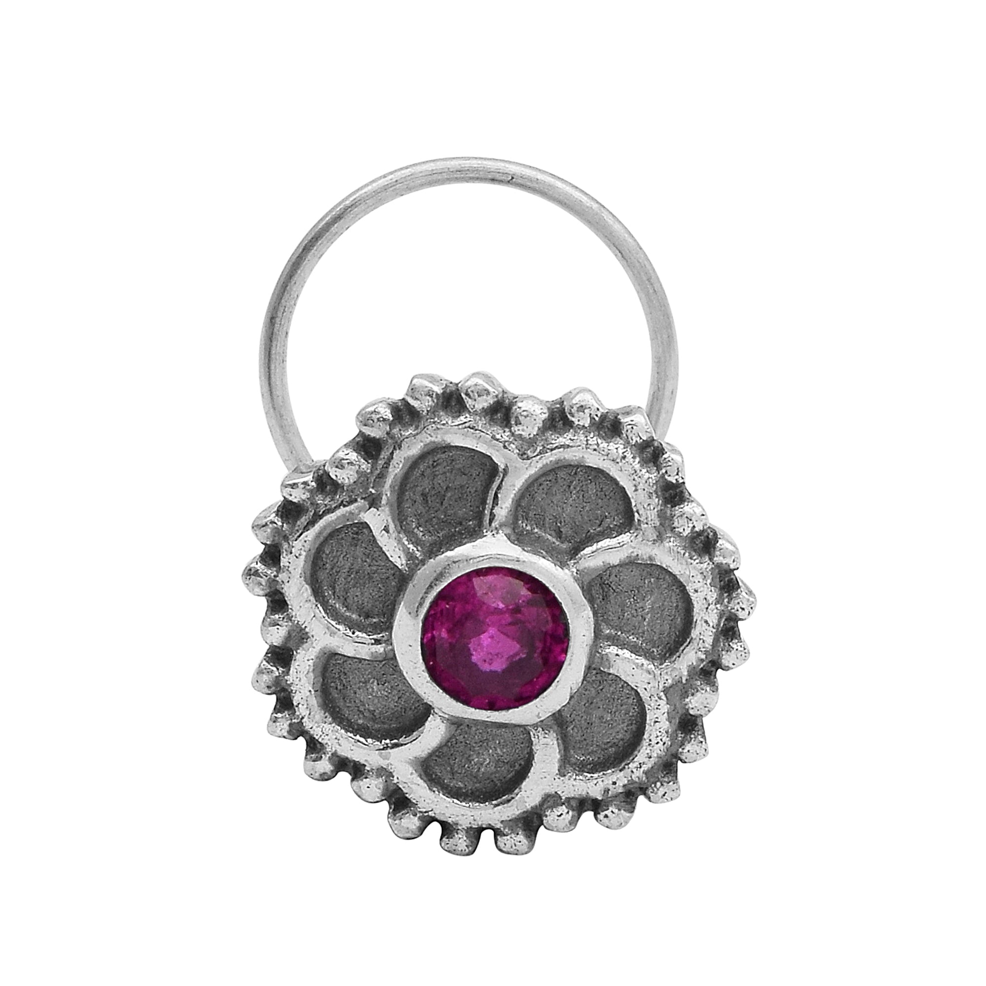 Floral Oxidized Spiral Design Red Stone Nose Pin - Sterling Silver