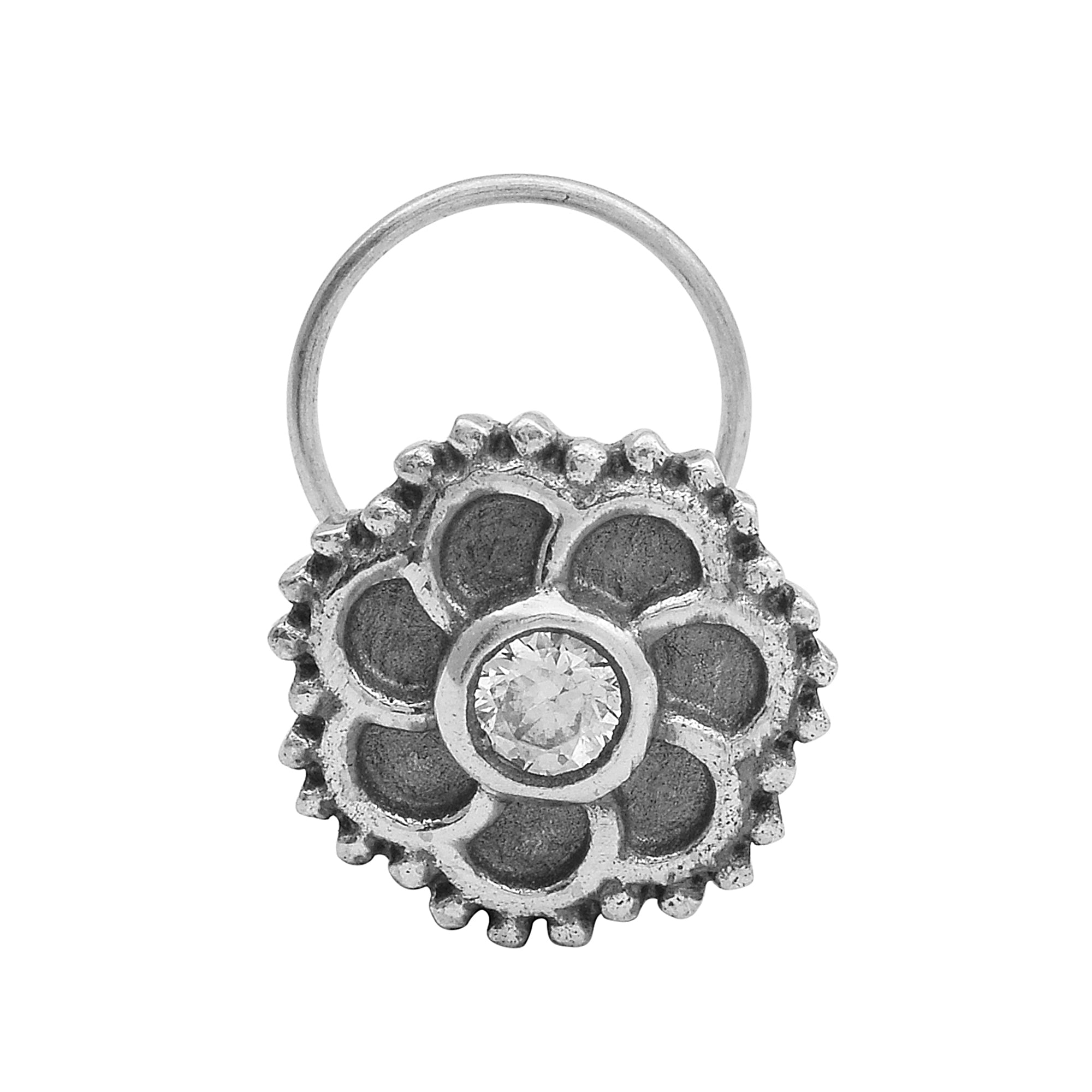 Floral Oxidized Spiral Design Clear Stone Nose Pin - Sterling Silver