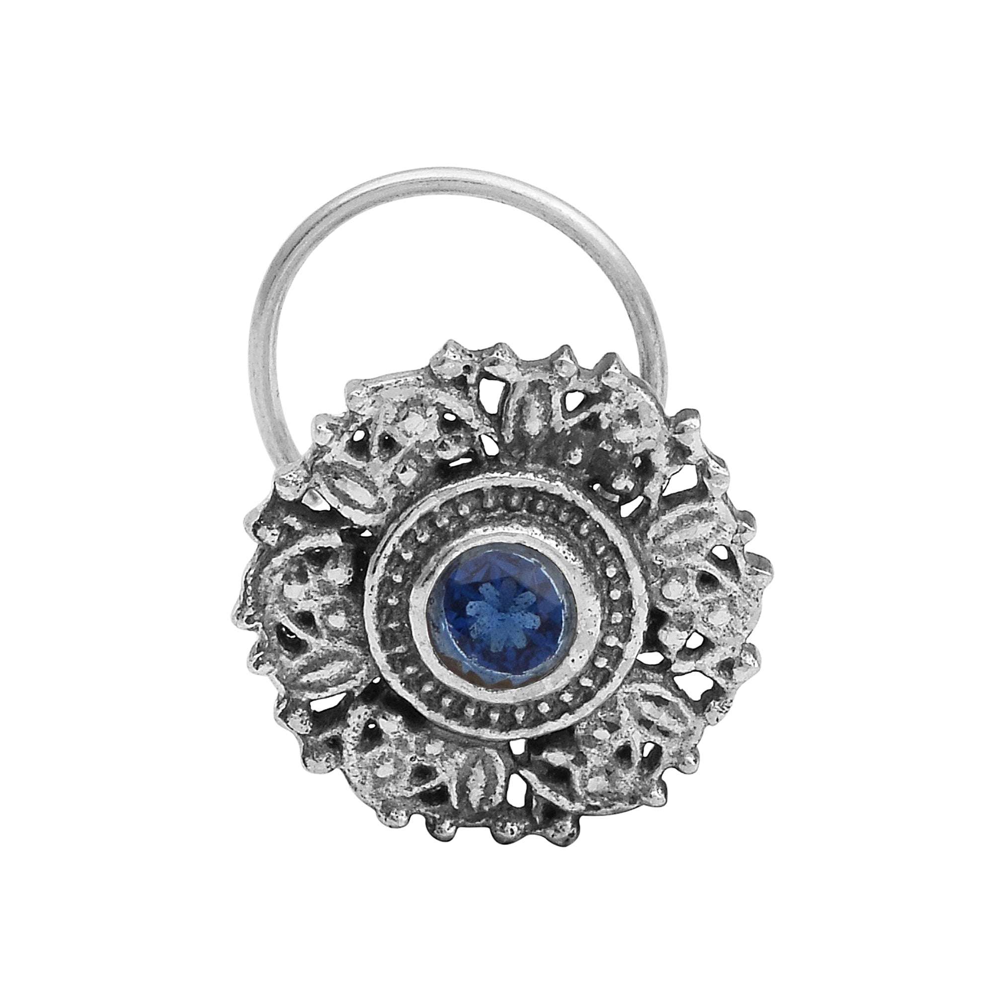 Antique Floral Sparkling Blue Centre Nose Pin - Sterling Silver