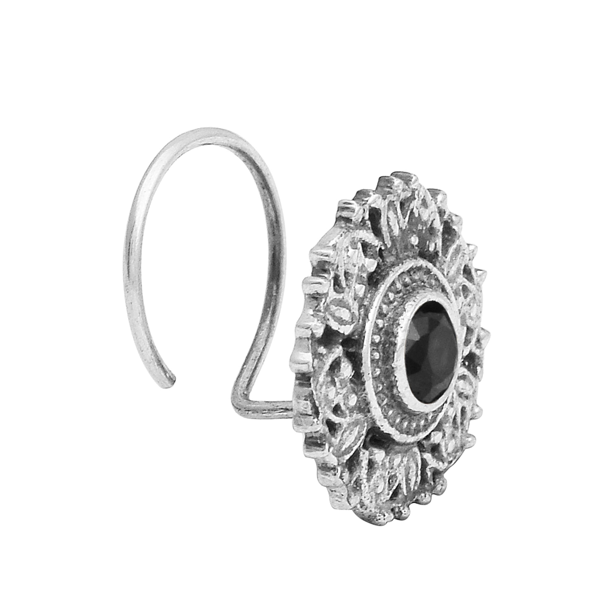 Antique Floral Sparkling Black Centre Nose Pin - Sterling Silver