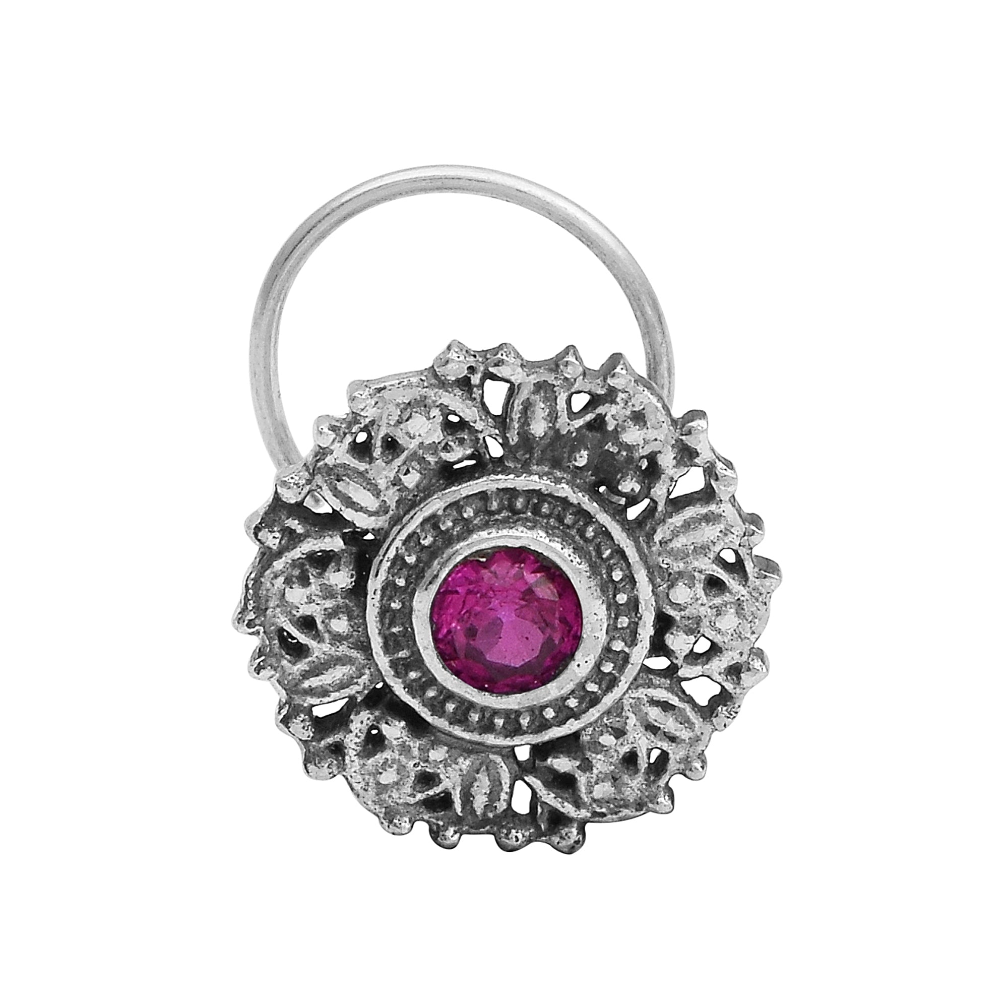 Antique Floral Sparkling Red Centre Nose Pin - Sterling Silver