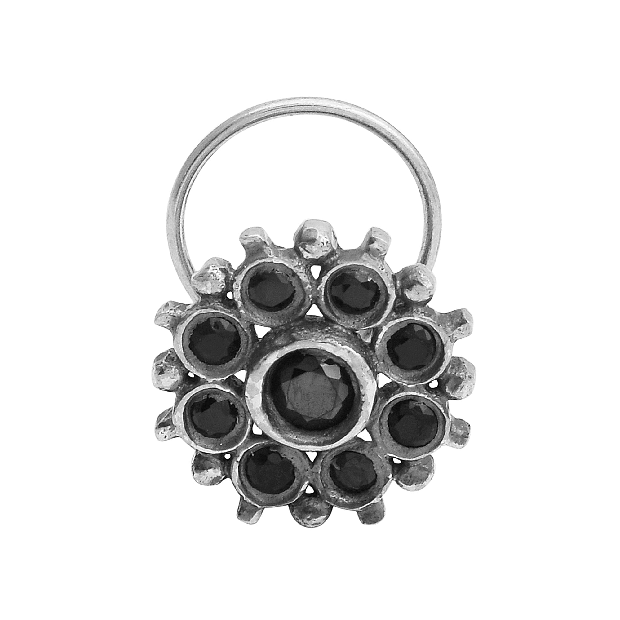 Floral Cluster Black Stone Nose Pin - Sterling Silver