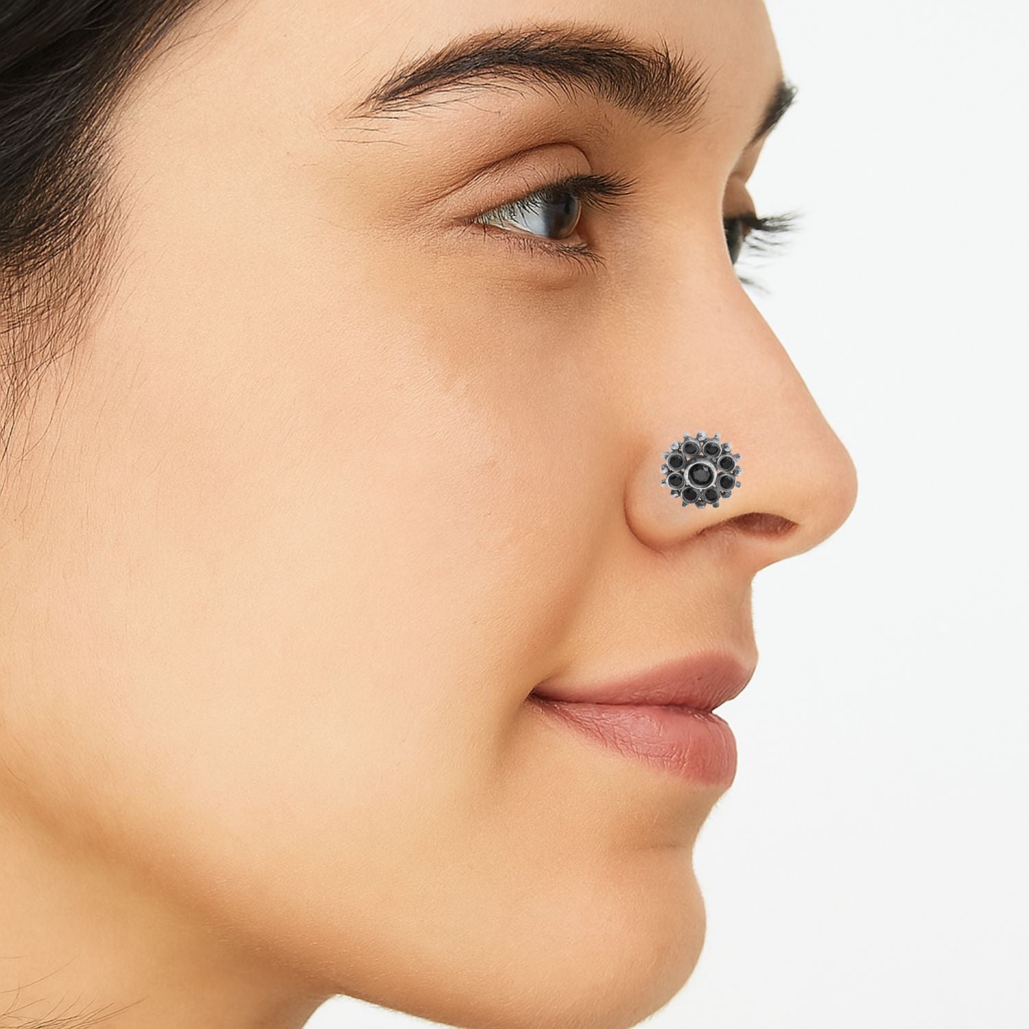 Floral Cluster Black Stone Nose Pin - Sterling Silver