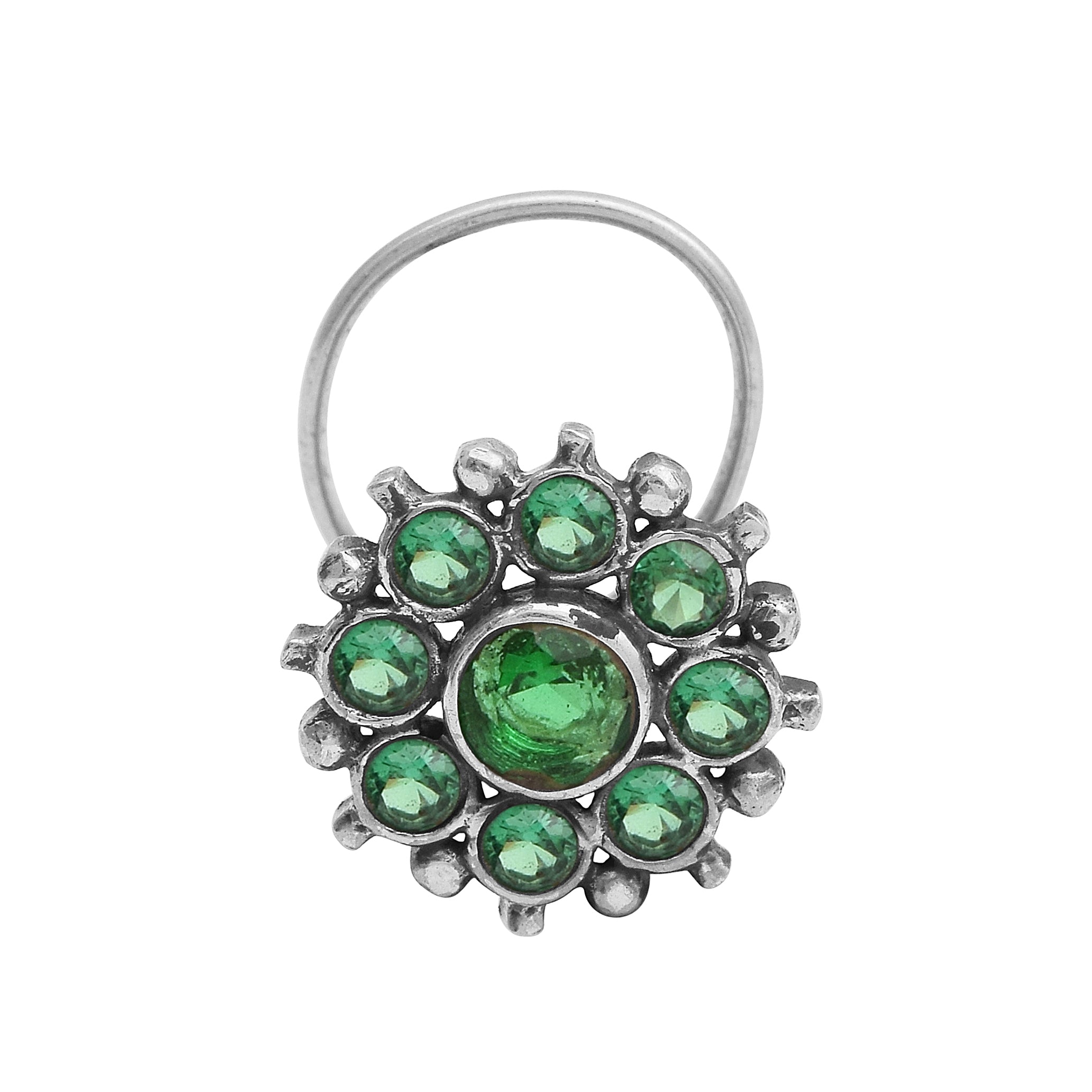 Floral Cluster Green Stone Nose Pin - Sterling Silver
