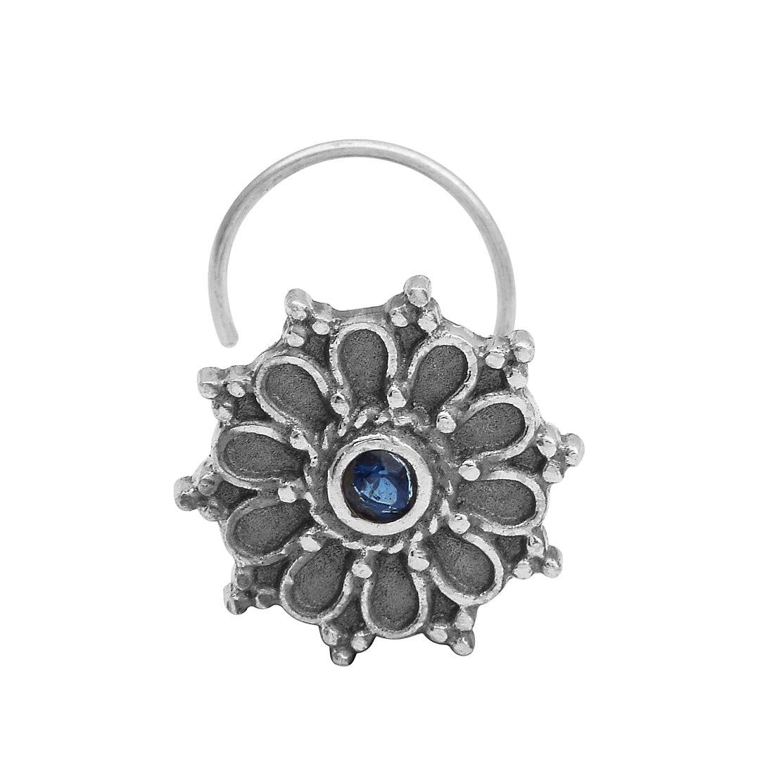 Perno da naso floreale con pietra blu e design a cerchio - Argento Sterling