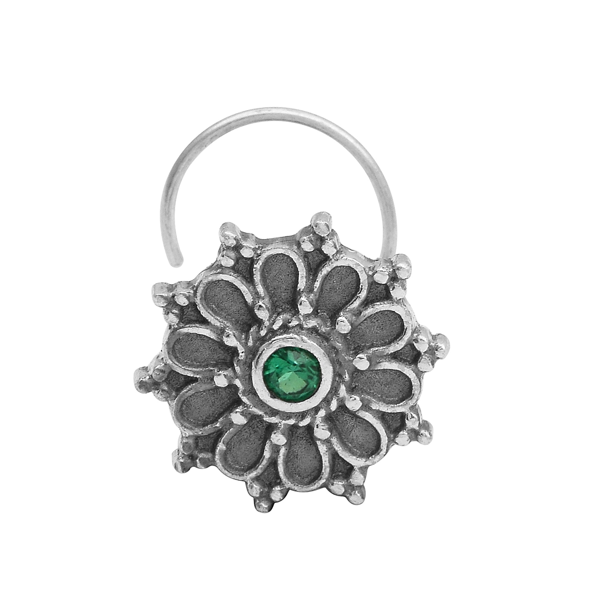 Hoop Design Green Stone Floral Nose Pin - Sterling Silver