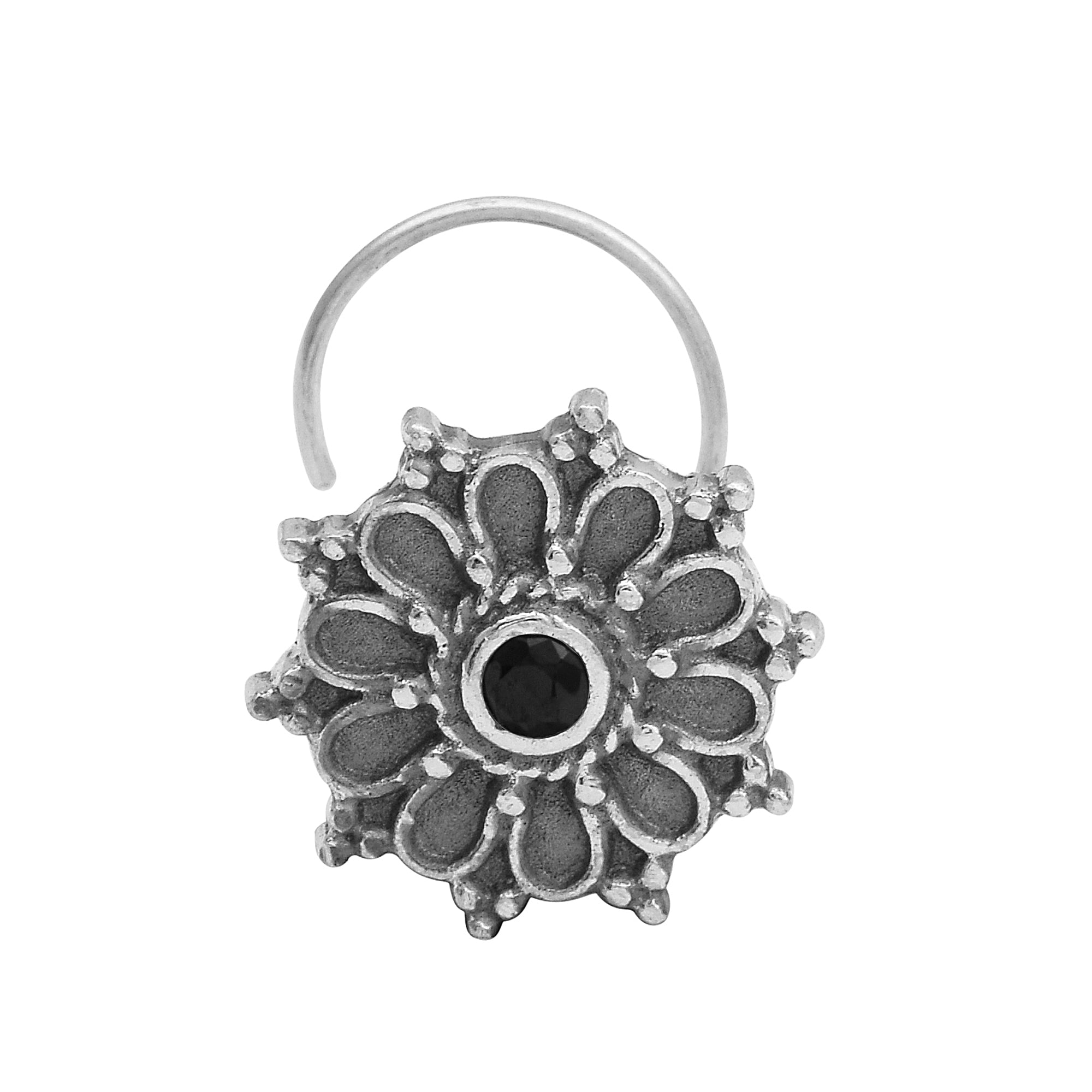 Perno da naso floreale con pietra nera e design a cerchio - Argento Sterling