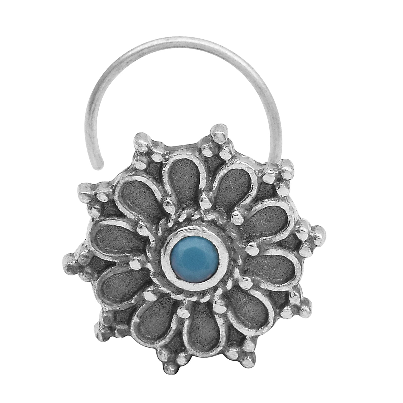 Hoop Design Turquoise Stone Floral Nose Pin - Sterling Silver