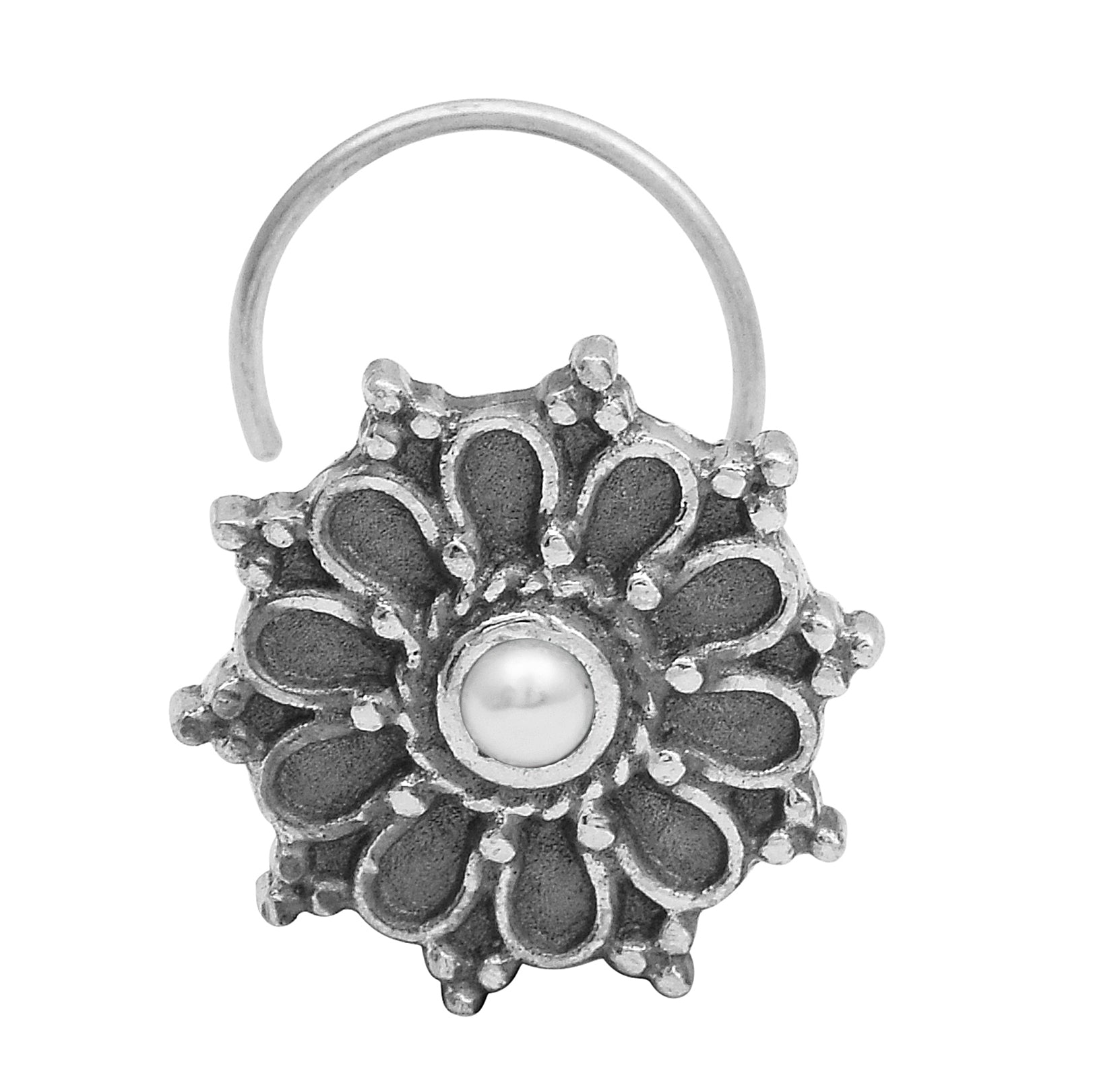 Perno da naso floreale con pietra di perle e design a cerchio - Argento Sterling