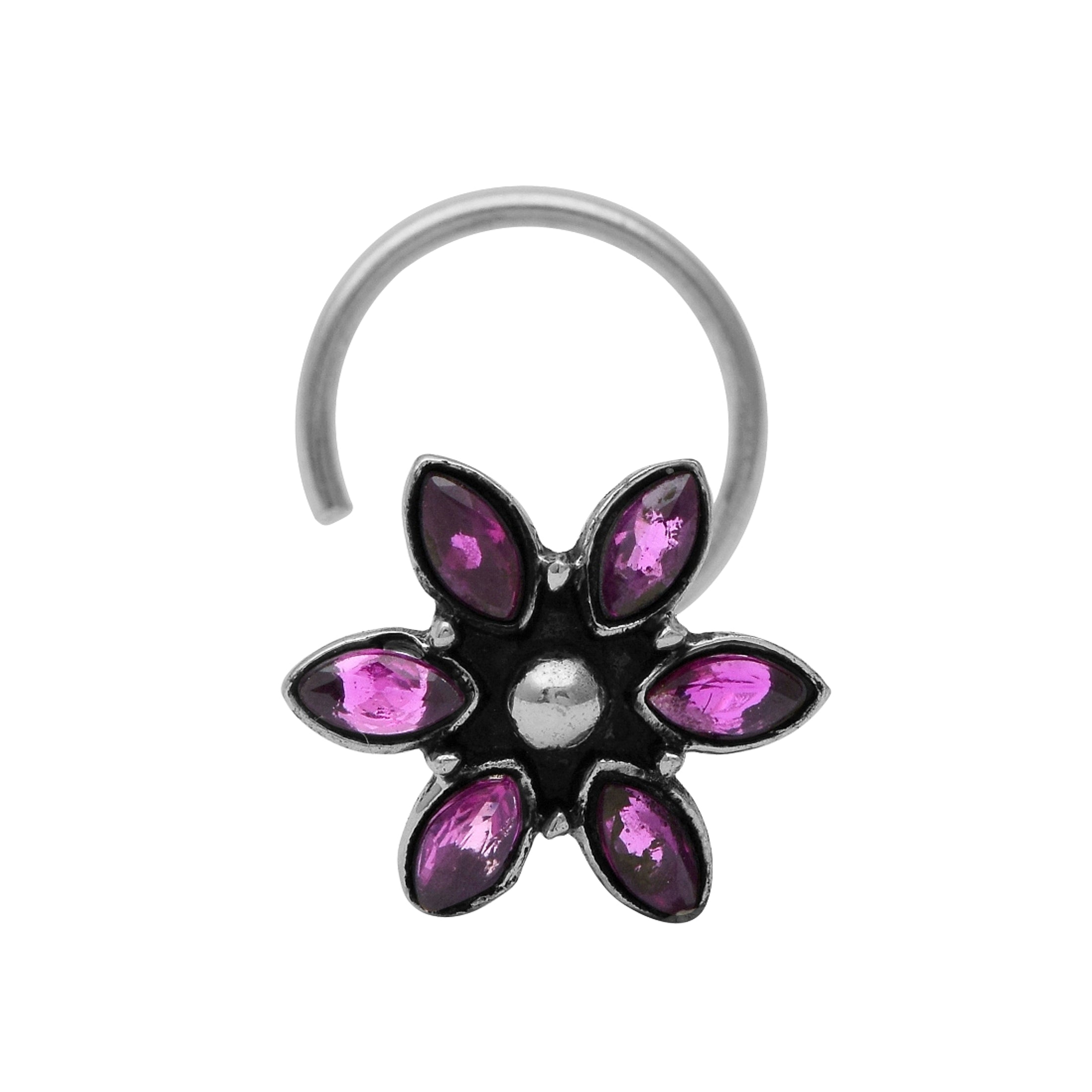 Boho Chic Marquise Pink Stone Nose Pin - Sterling Silver