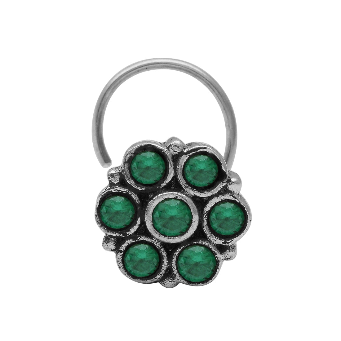 Traditional Navratna Green Stone Nose Pin - Sterling Silver