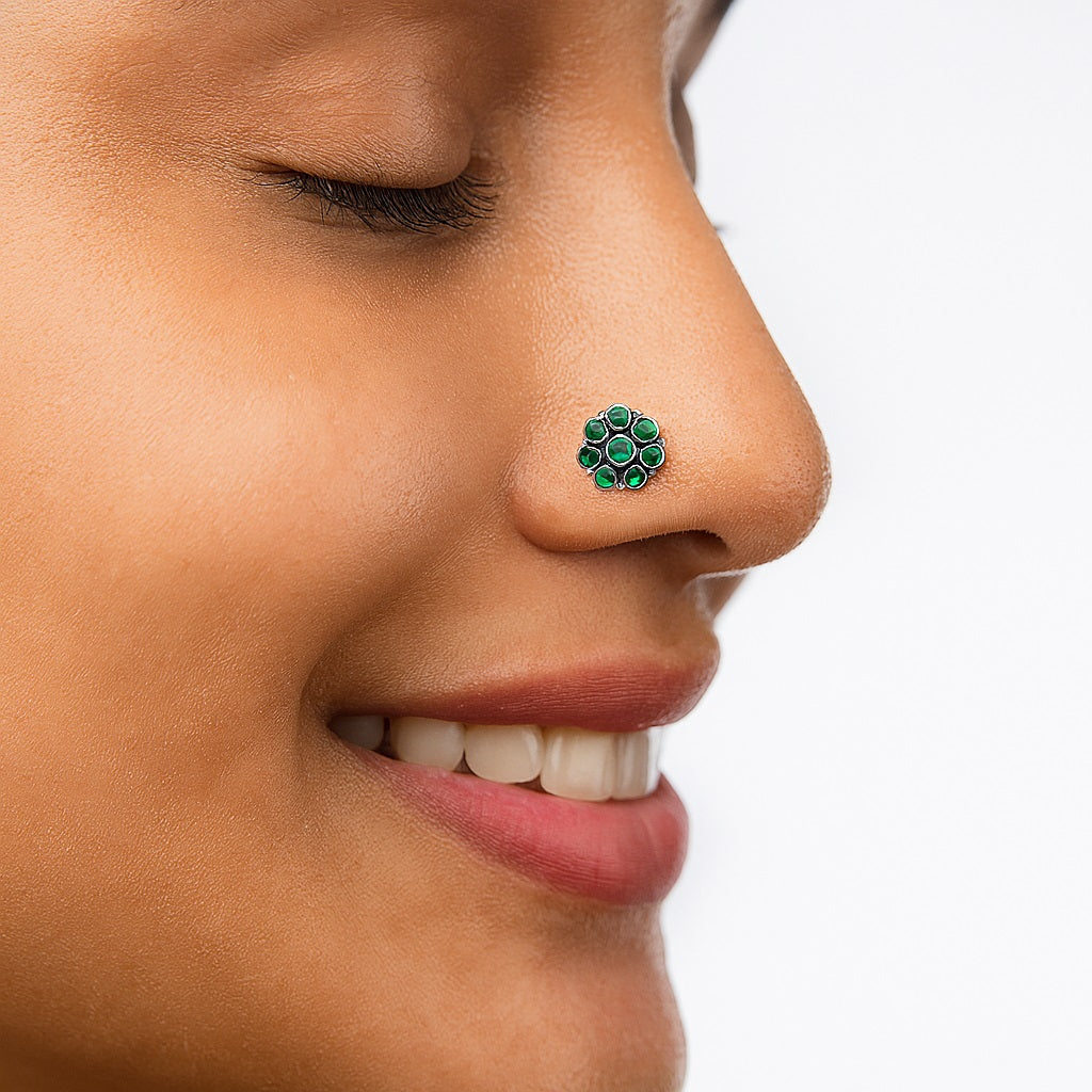 Traditional Navratna Green Stone Nose Pin - Sterling Silver