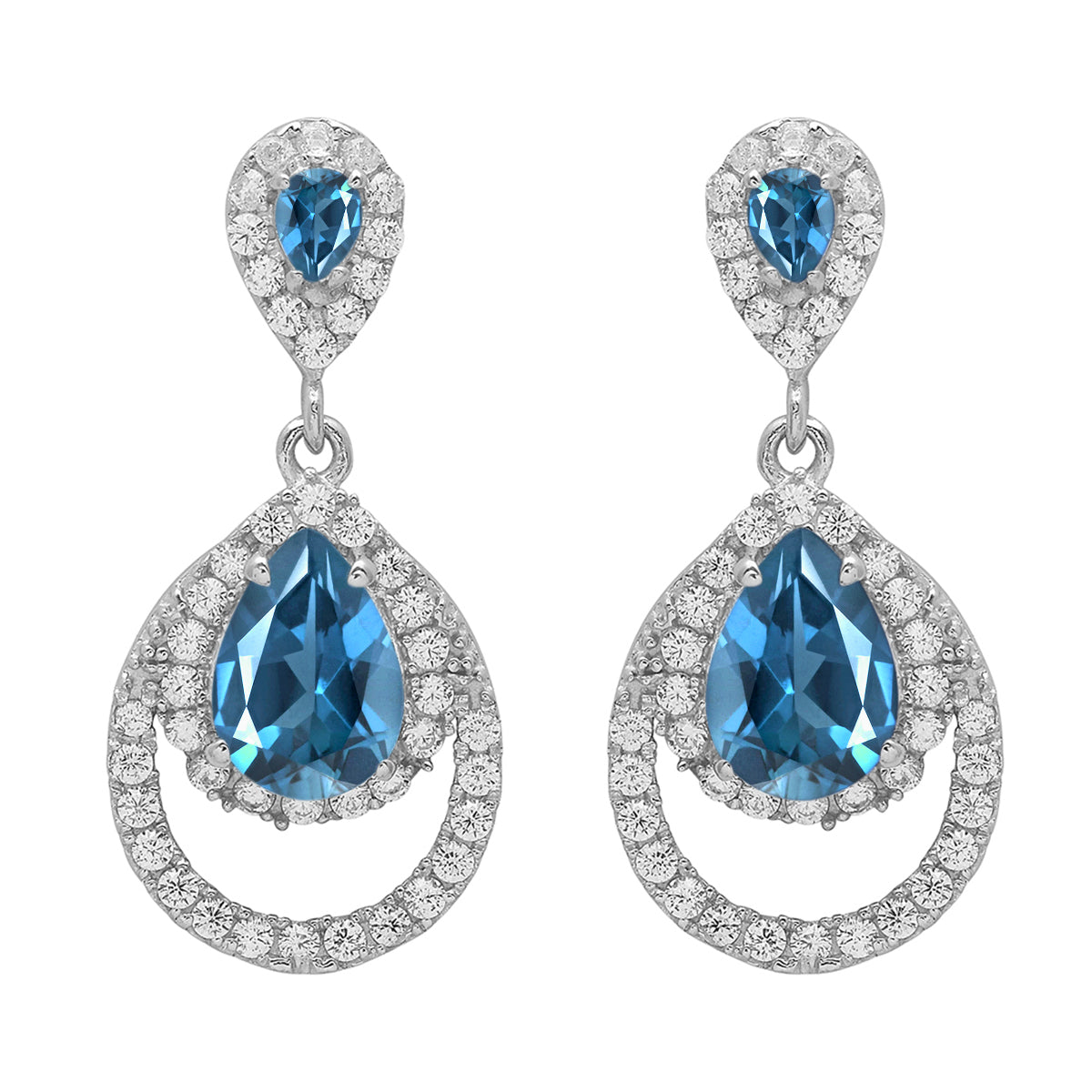 Multi Stone Dangle Halo Earrings - Sterling Silver