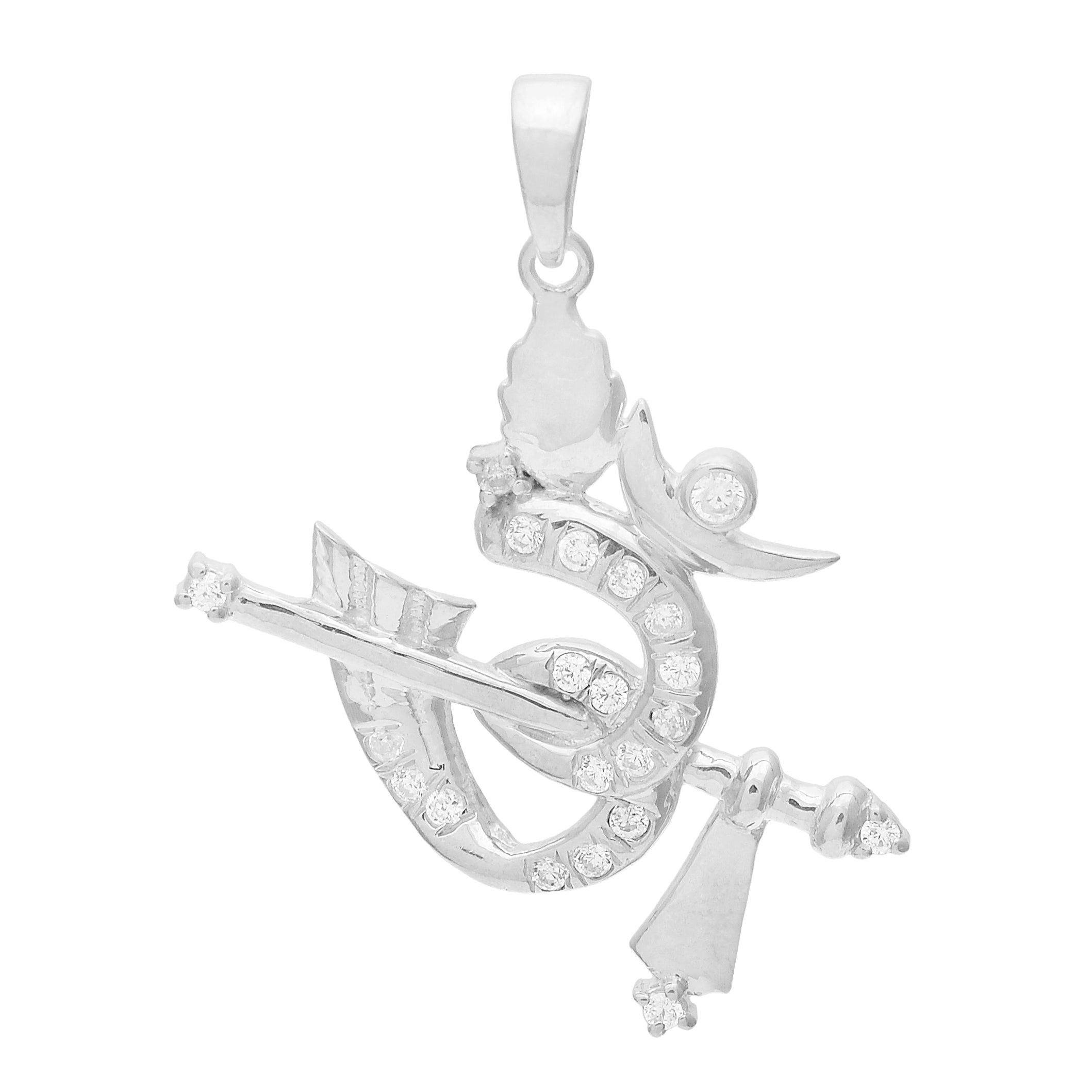 White CZ OM Flute Charm Pendant - Sterling Silver
