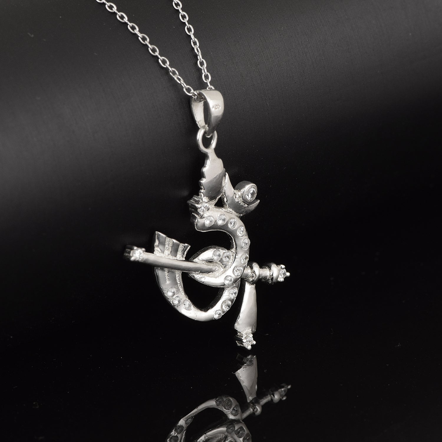 White CZ OM Flute Charm Pendant - Sterling Silver