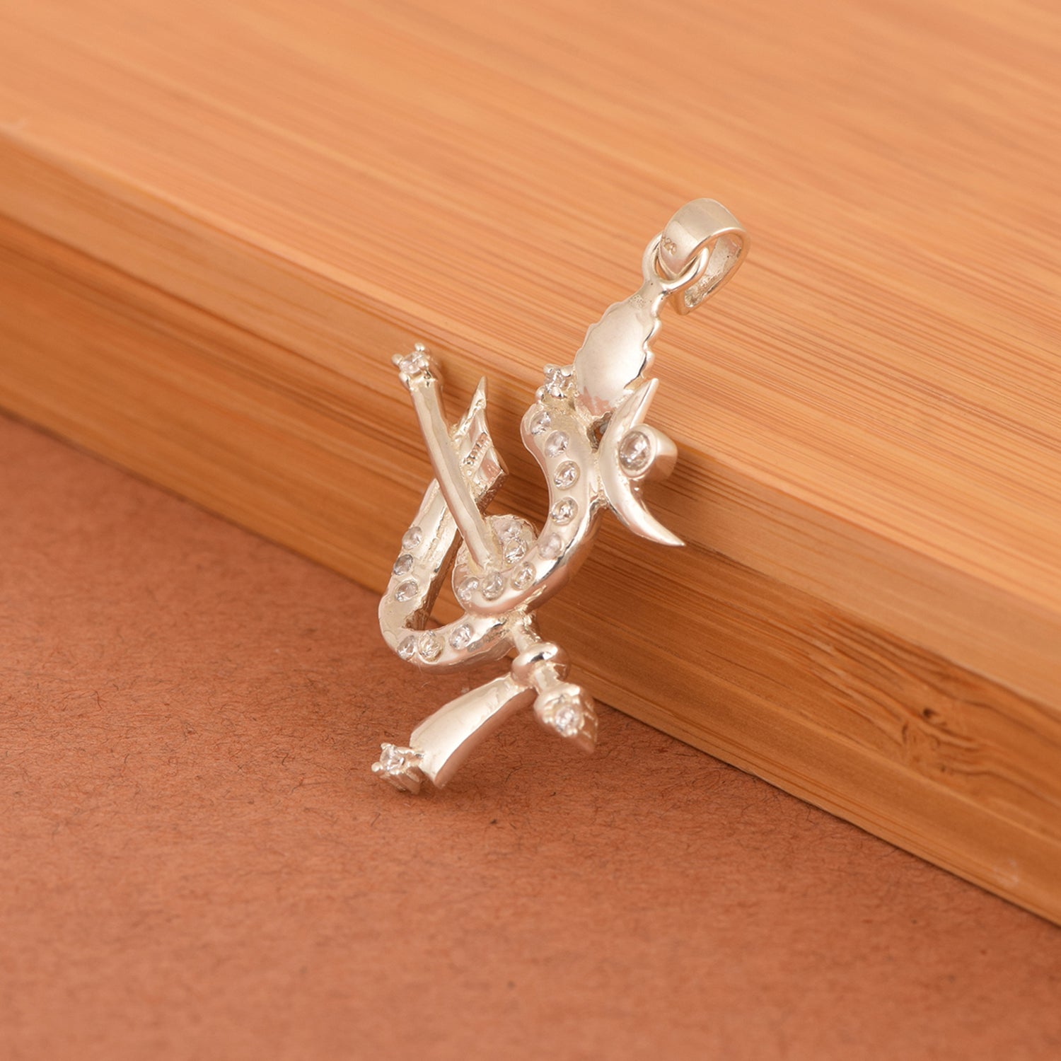 White CZ OM Flute Charm Pendant - Sterling Silver