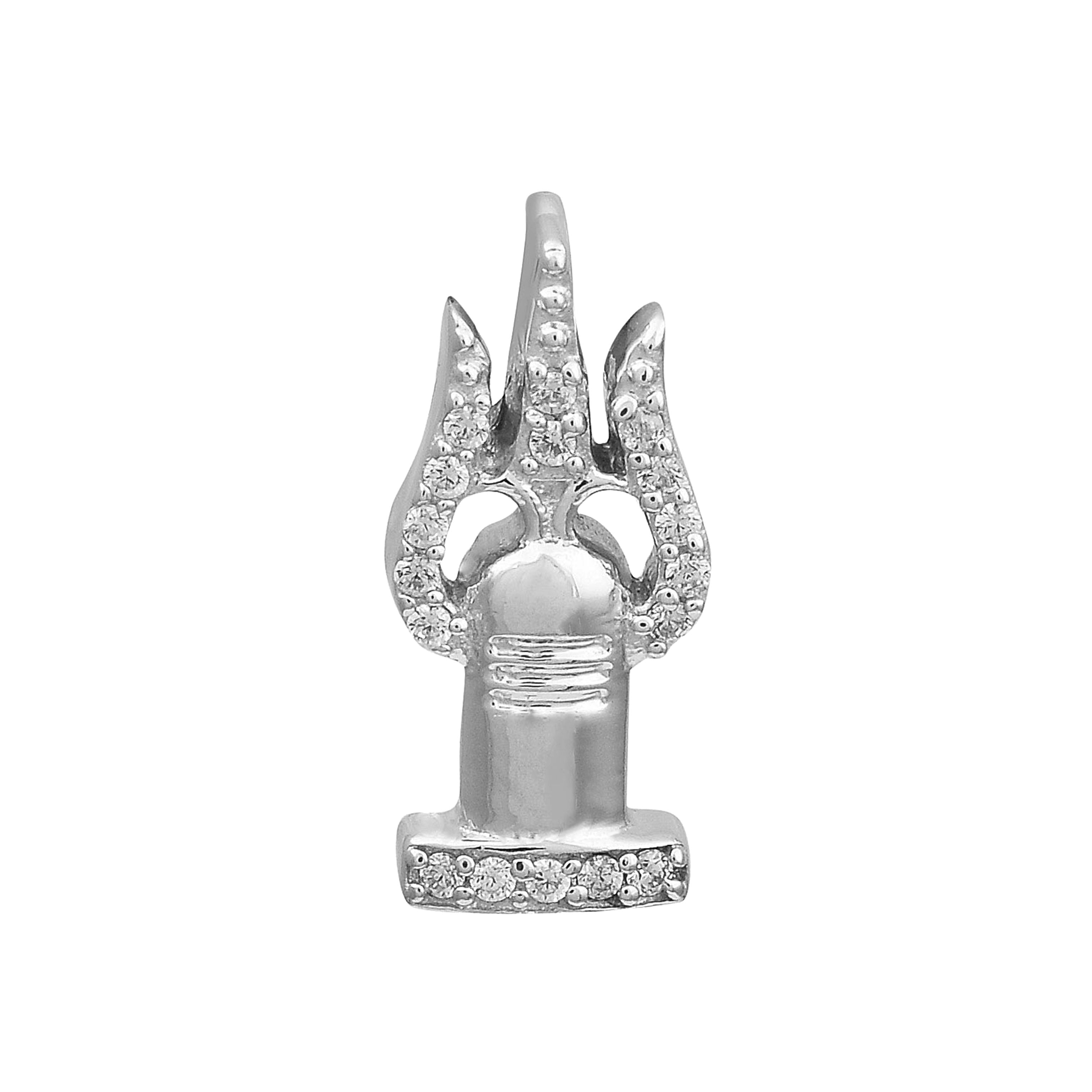 White CZ Shivling Trishul Pendant - Sterling Silver