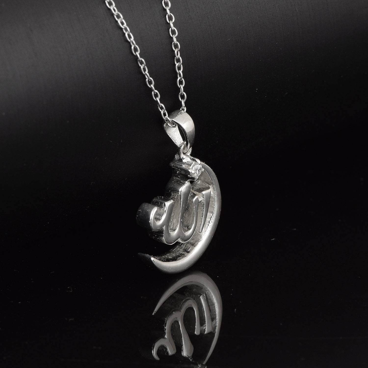 White CZ Allah Crescent Pendant - Sterling Silver