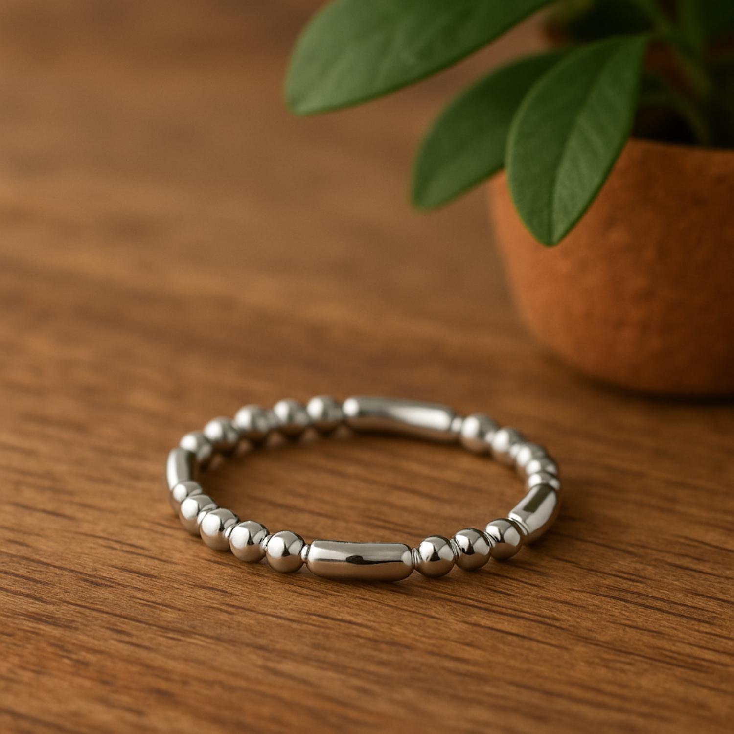 Textured Modern Elongated Bead Band Ring - Sterling Silver
