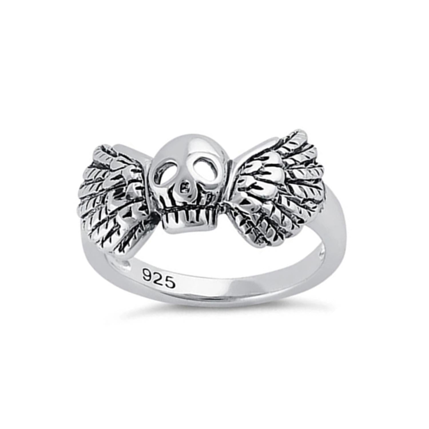 Oxidized Skull Winged Gothic Design Ring - Sterling Silver