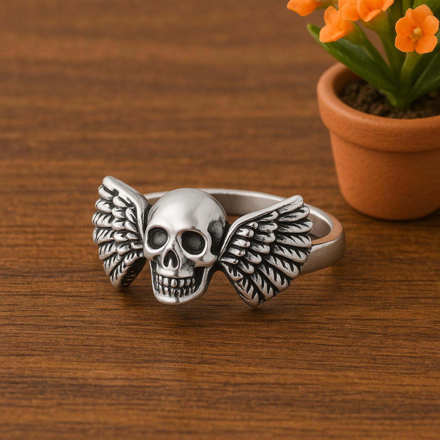 Oxidized Skull Winged Gothic Design Ring - Sterling Silver