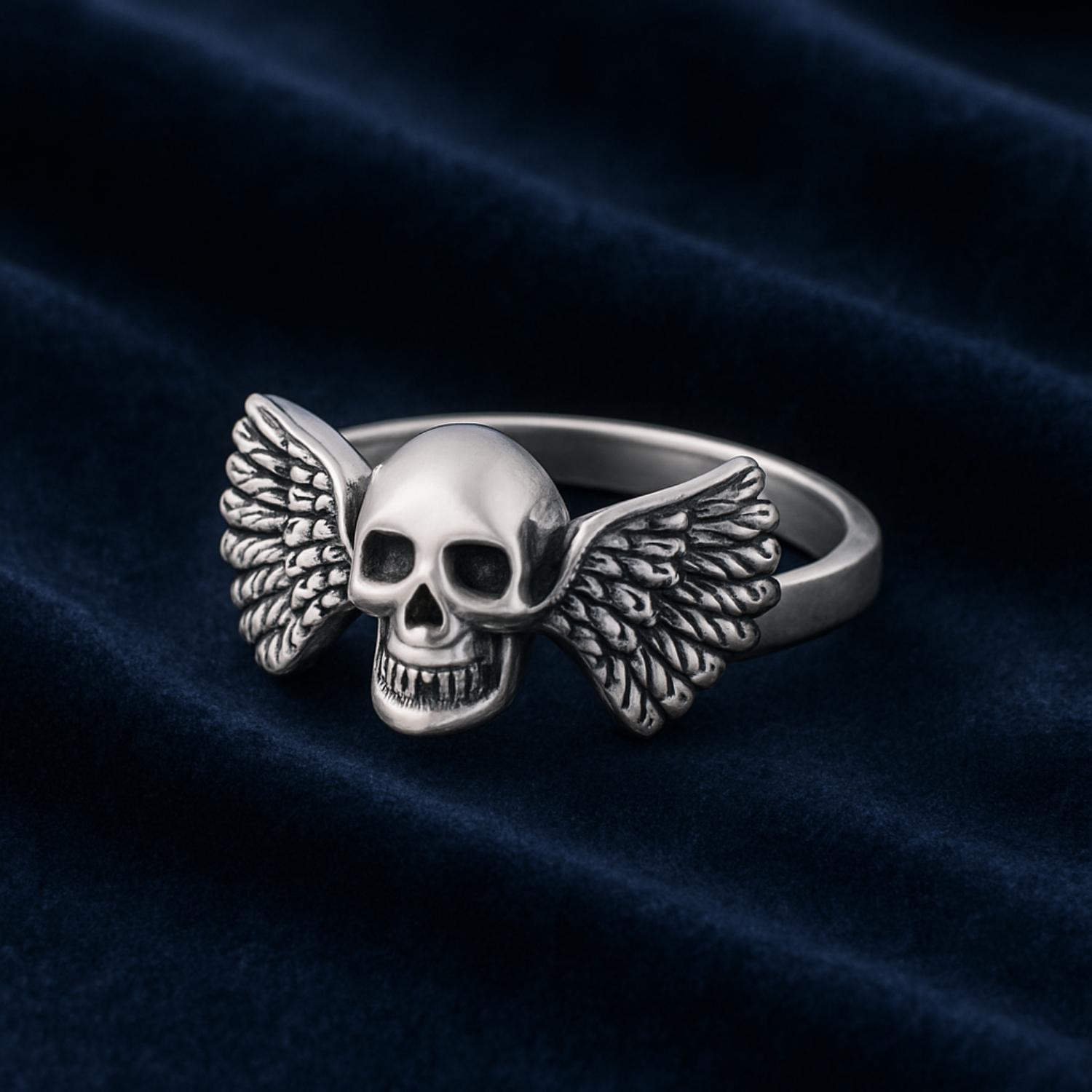 Oxidized Skull Winged Gothic Design Ring - Sterling Silver