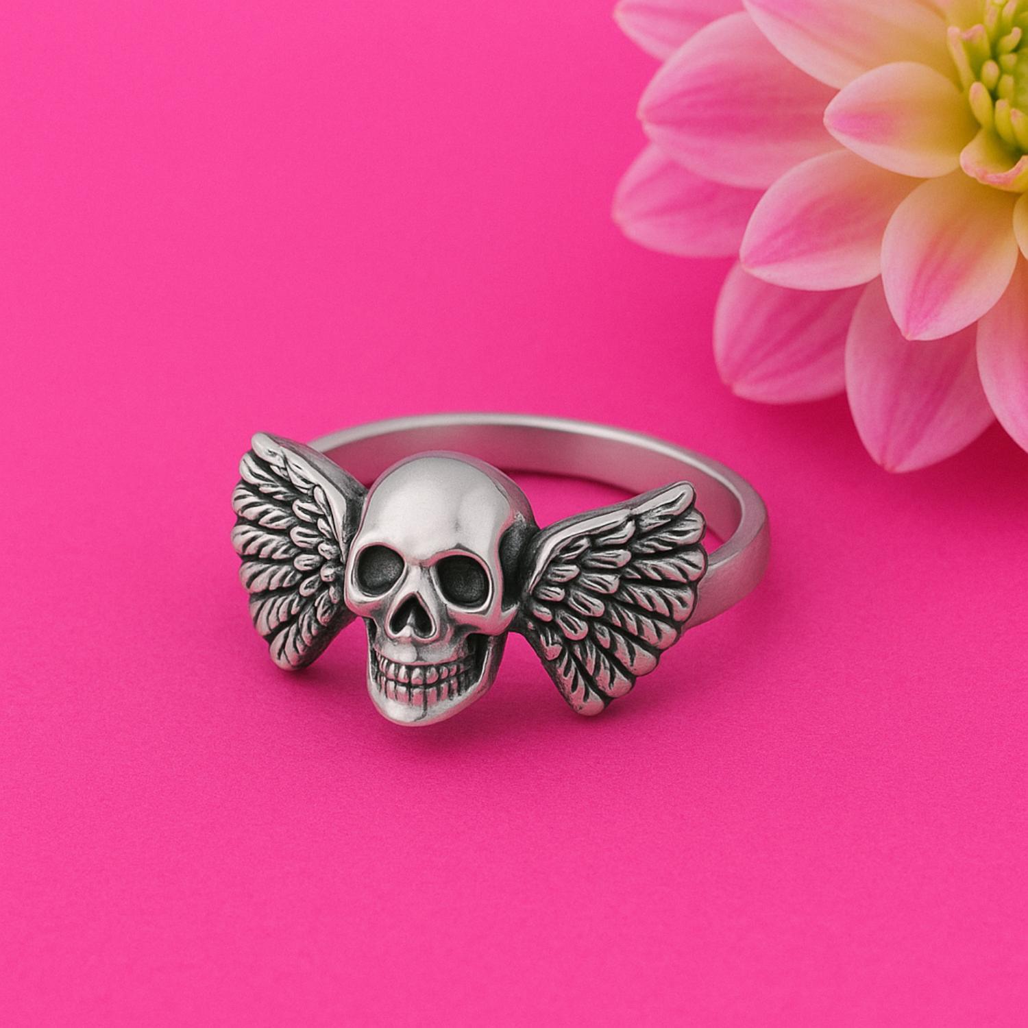 Oxidized Skull Winged Gothic Design Ring - Sterling Silver