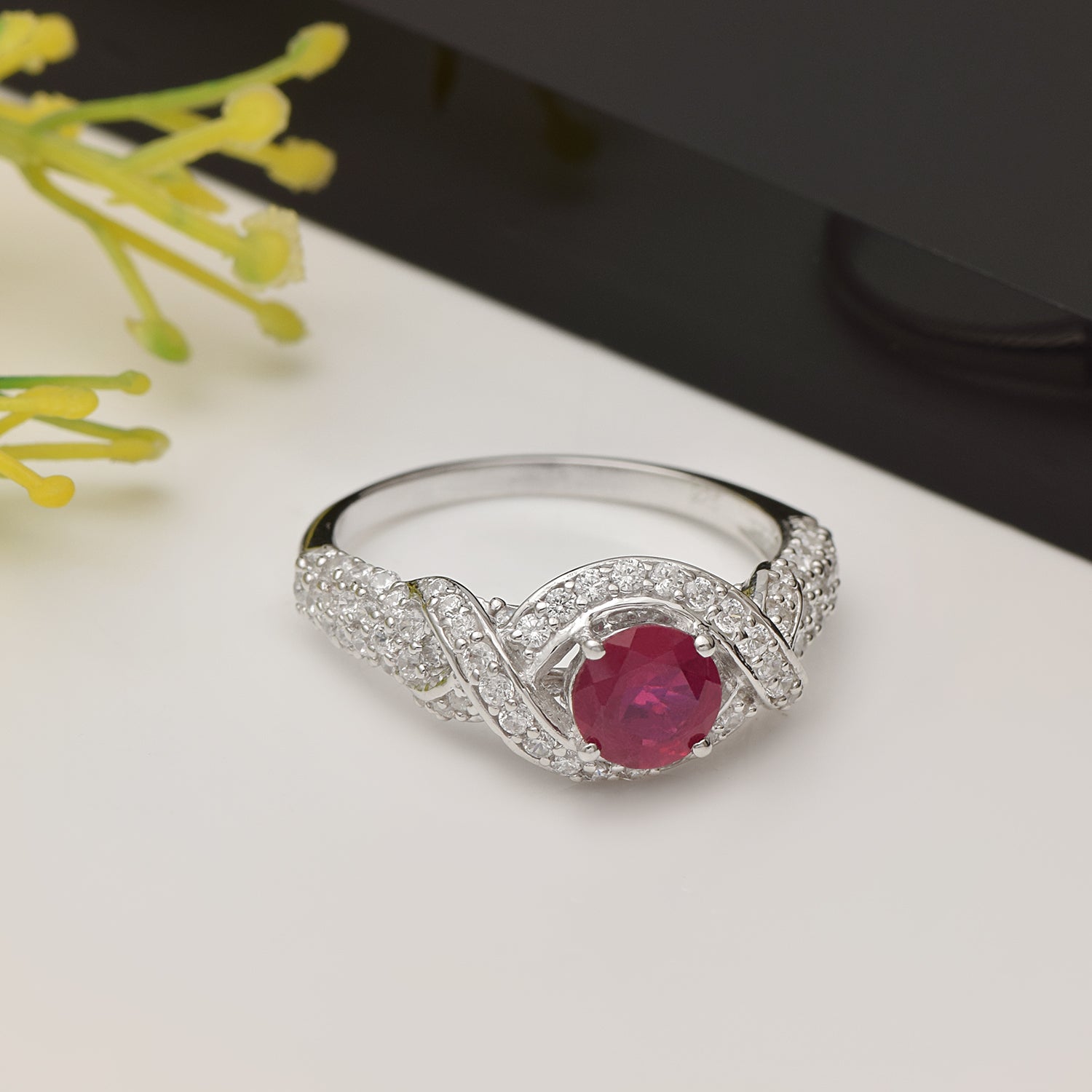 Ruby Crossover Pavé Setting Ring - Sterling Silver
