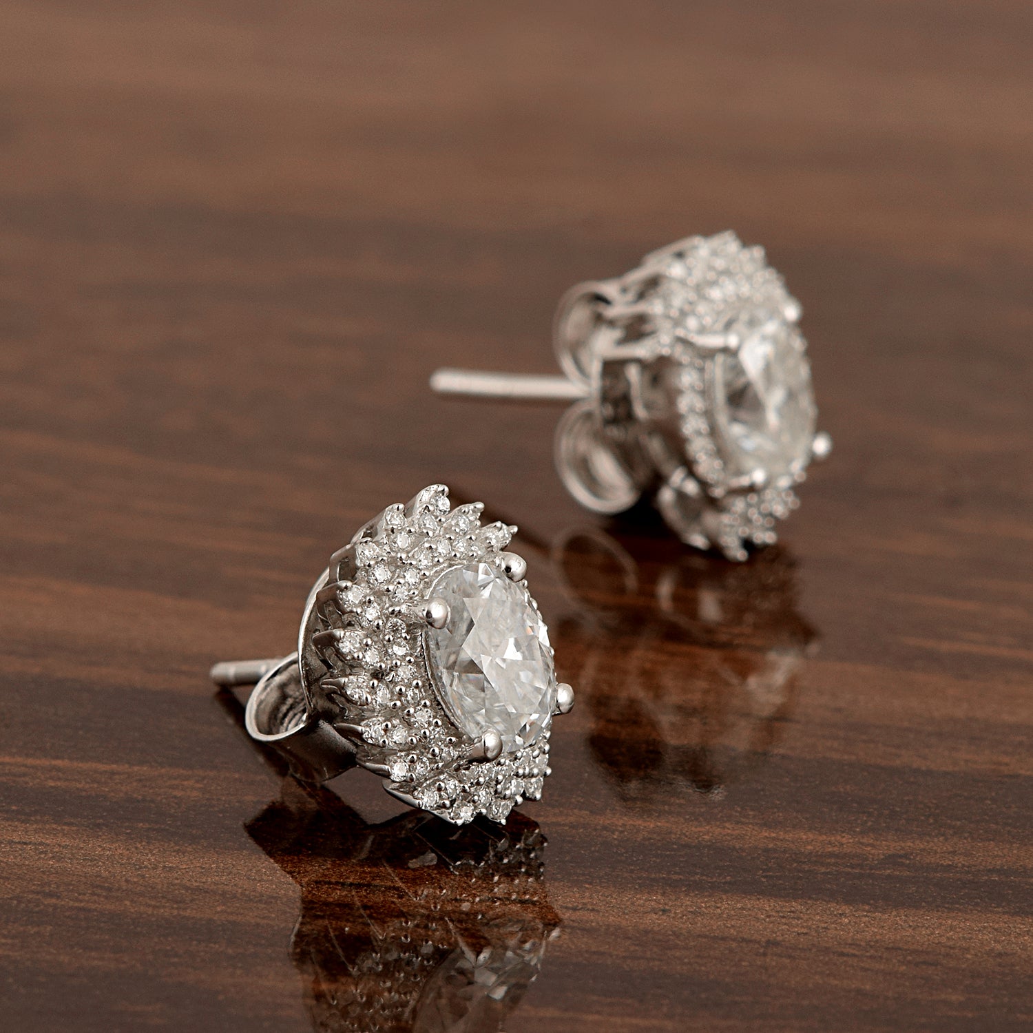 Moissanite Fancy Leaf Halo Design Stud - Sterling Silver