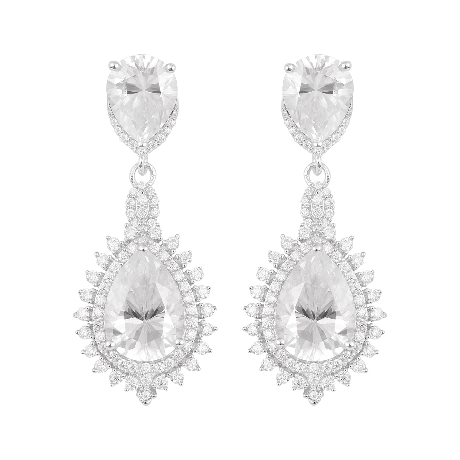 Moissanite Drop Sunburst Design Earrings – 925 Sterling Silver