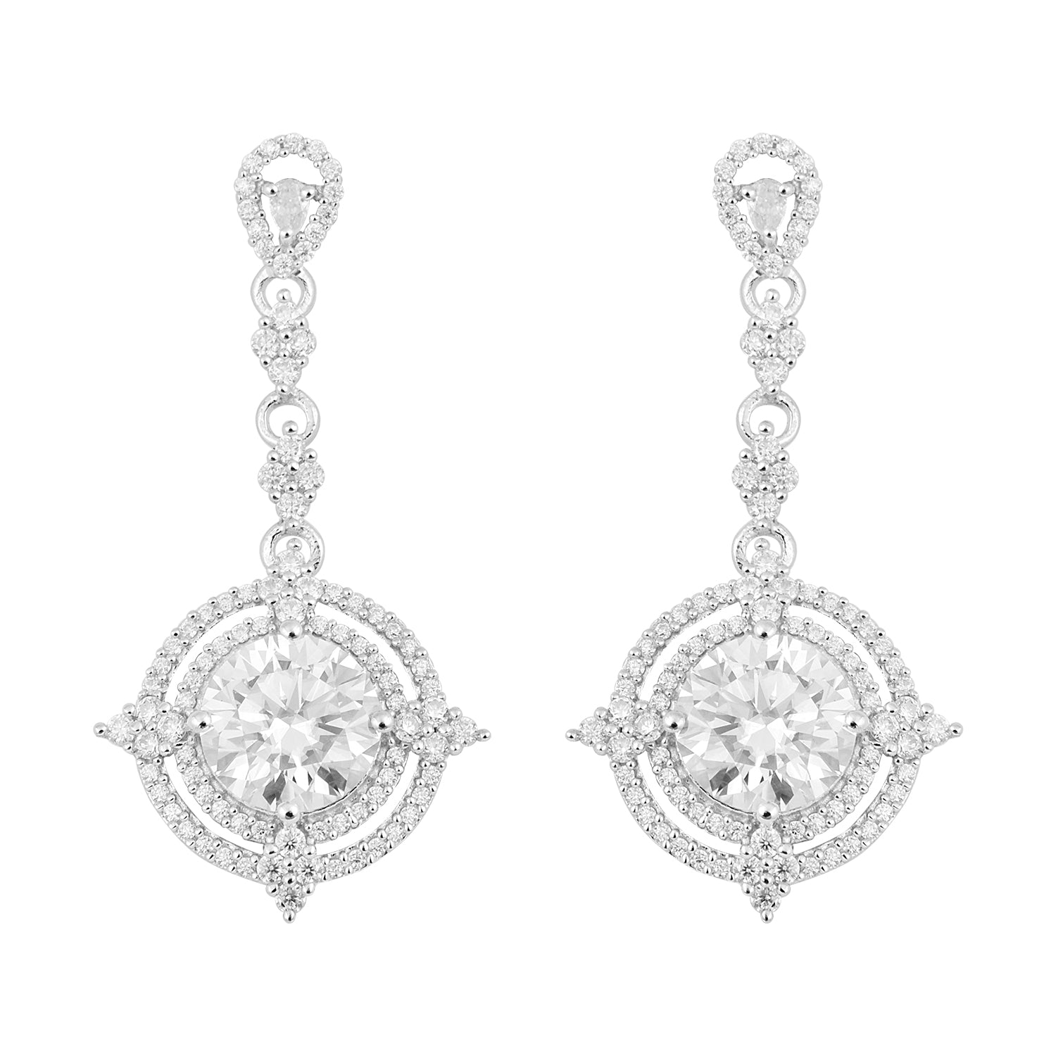 Moissanite Art Deco Inspired Halo Dangle Earrings –  Sterling Silver