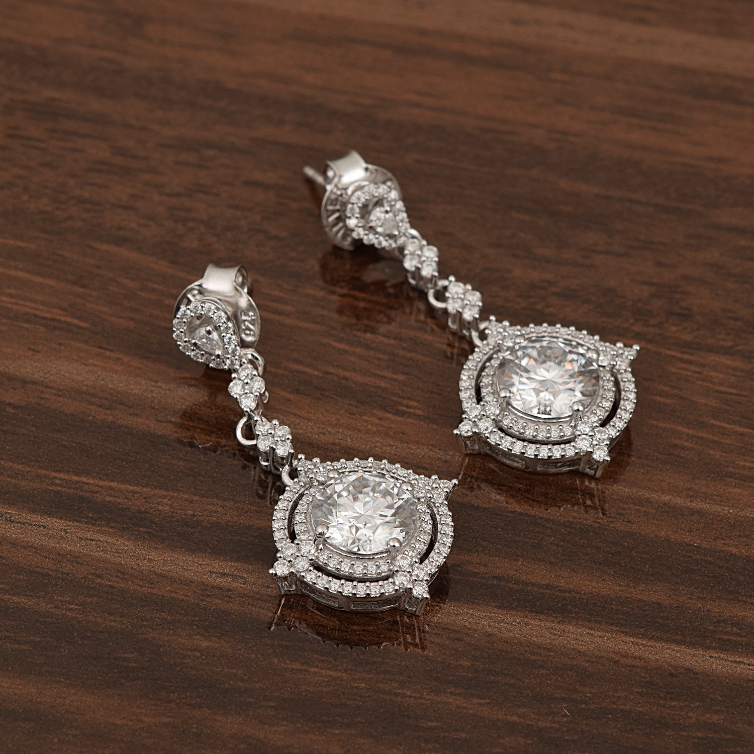 Moissanite Art Deco Inspired Halo Dangle Earrings –  Sterling Silver