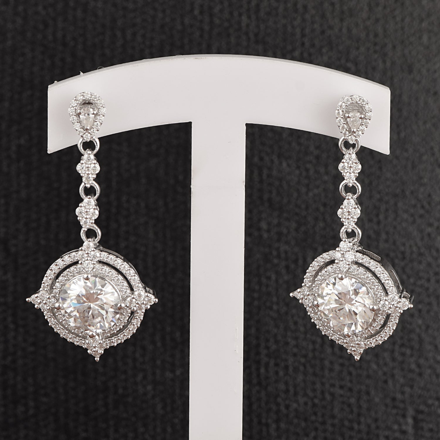 Moissanite Art Deco Inspired Halo Dangle Earrings –  Sterling Silver