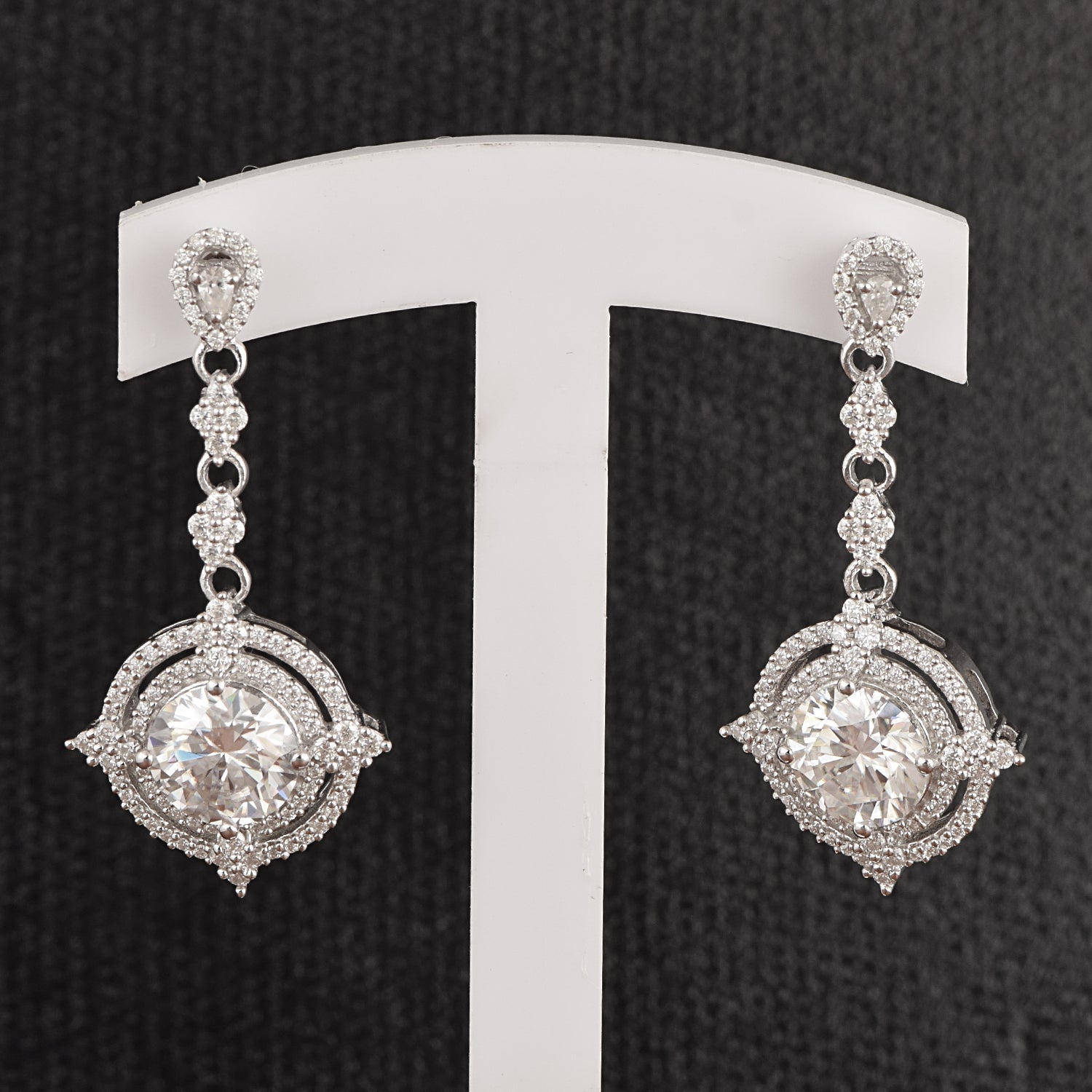 Moissanite Art Deco Inspired Halo Dangle Earrings –  Sterling Silver