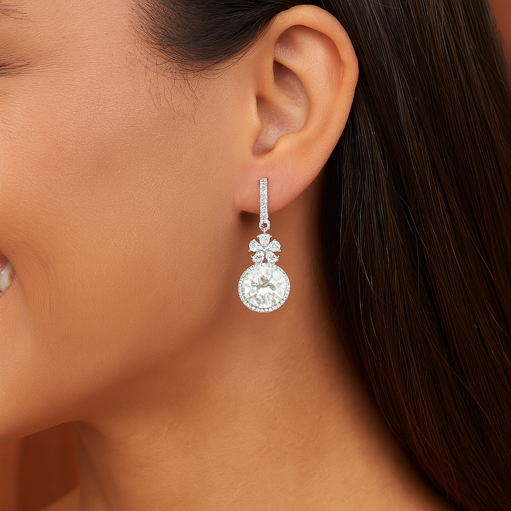 Moissanite Halo Dangle Drop Earrings - Sterling Silver