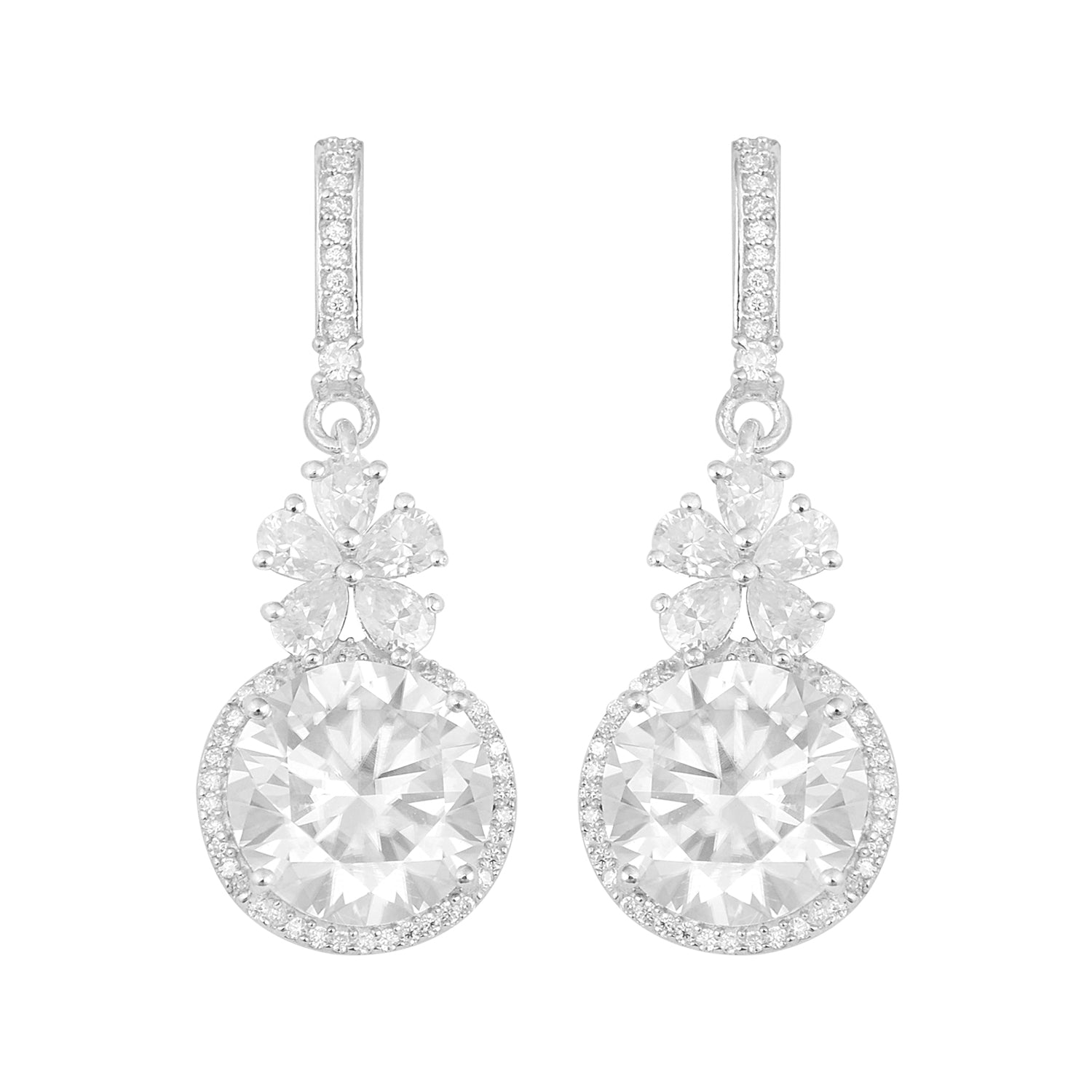 Moissanite Halo Dangle Drop Earrings - Sterling Silver