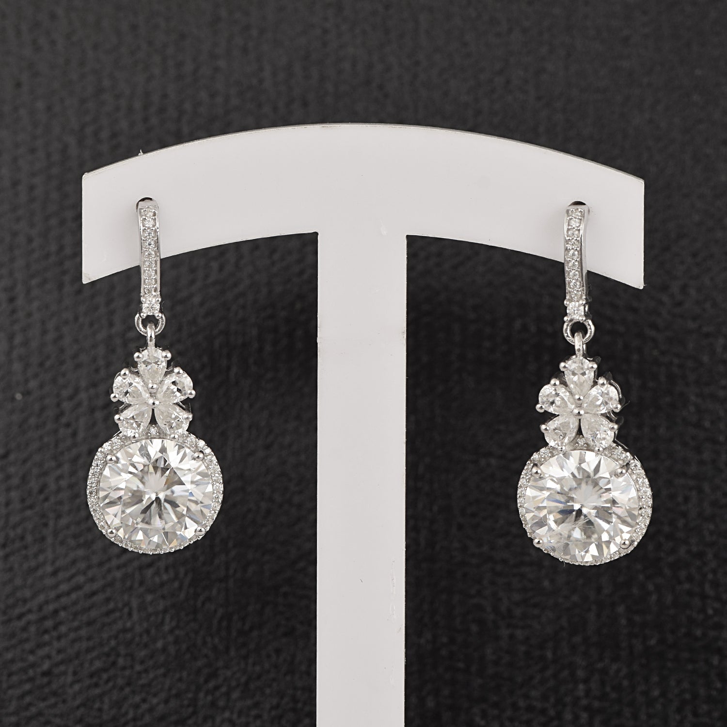 Moissanite Halo Dangle Drop Earrings - Sterling Silver