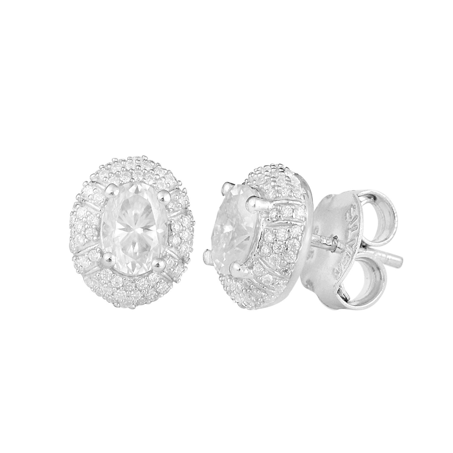 Moissanite Oval Double Halo Design Stud Earrings – Sterling Silver