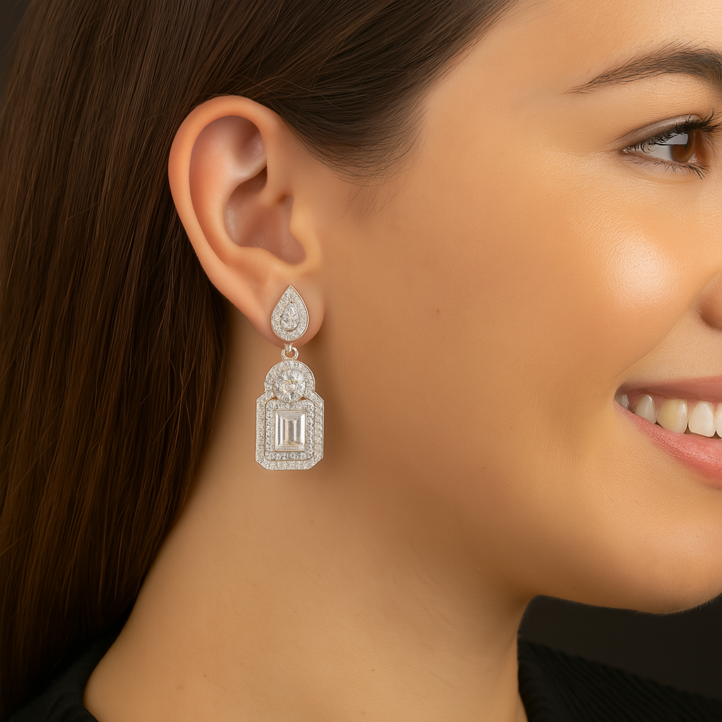 Moissanite Teardrop Halo Drops Earrings- Sterling Silver