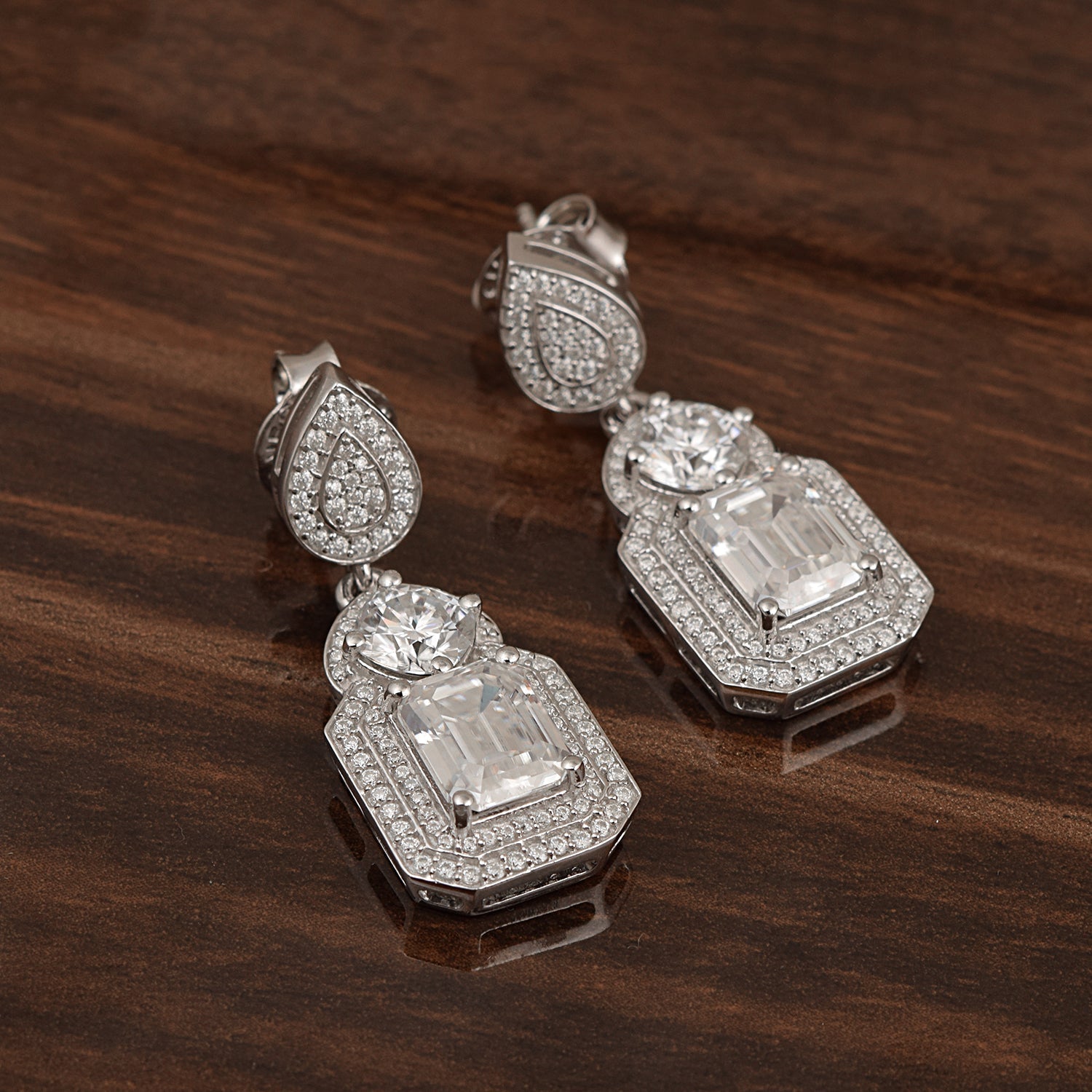 Moissanite Teardrop Halo Drops Earrings- Sterling Silver