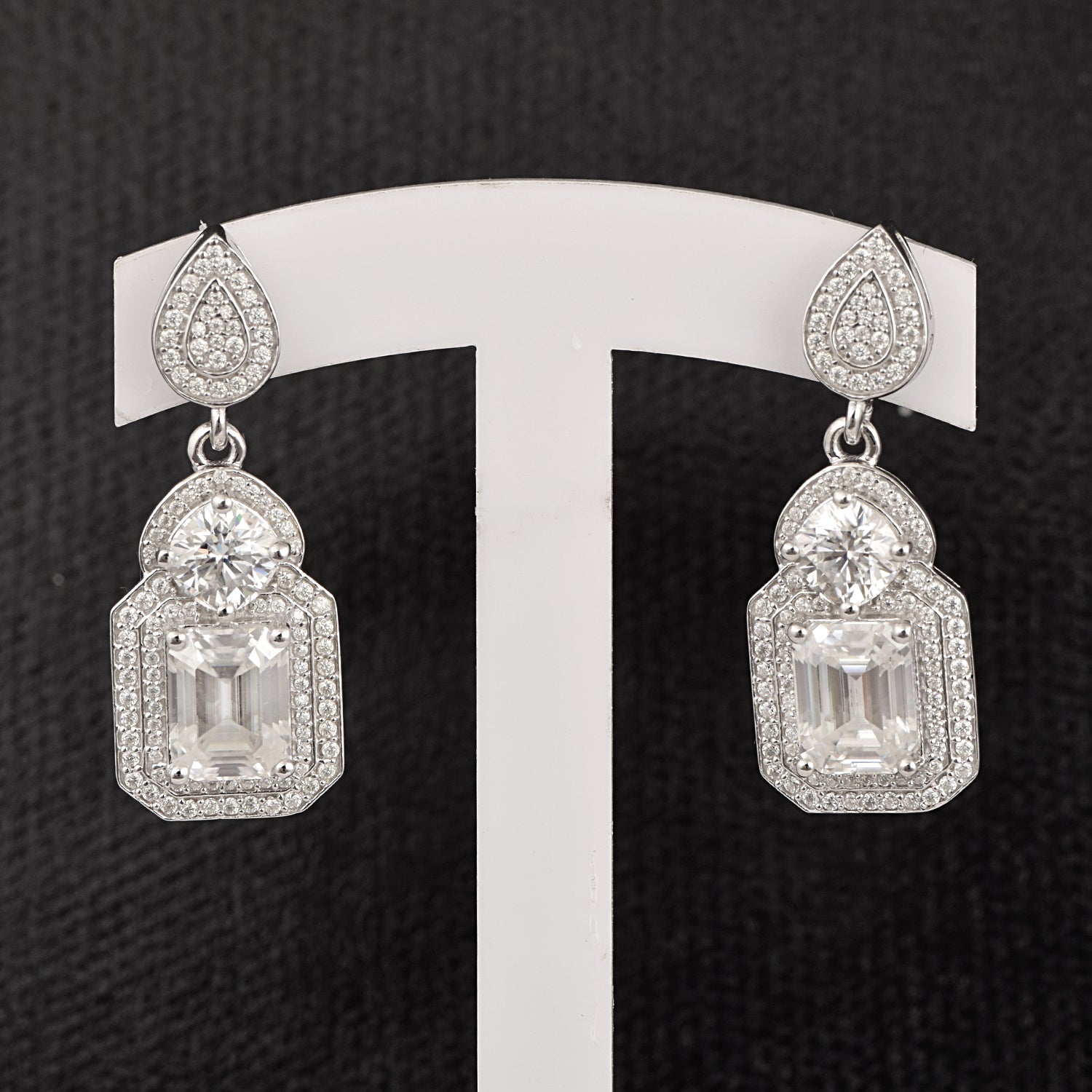 Moissanite Teardrop Halo Drops Earrings- Sterling Silver