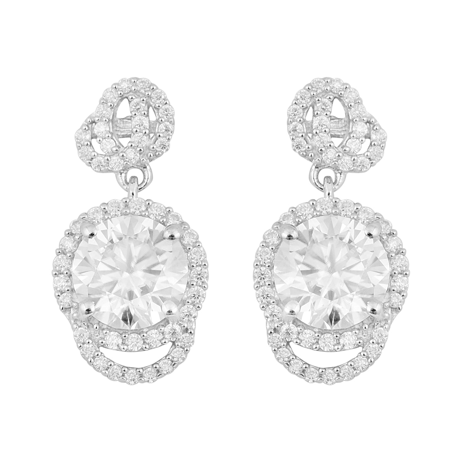 Moissanite Round Halo Drops Earrings - Sterling Silver