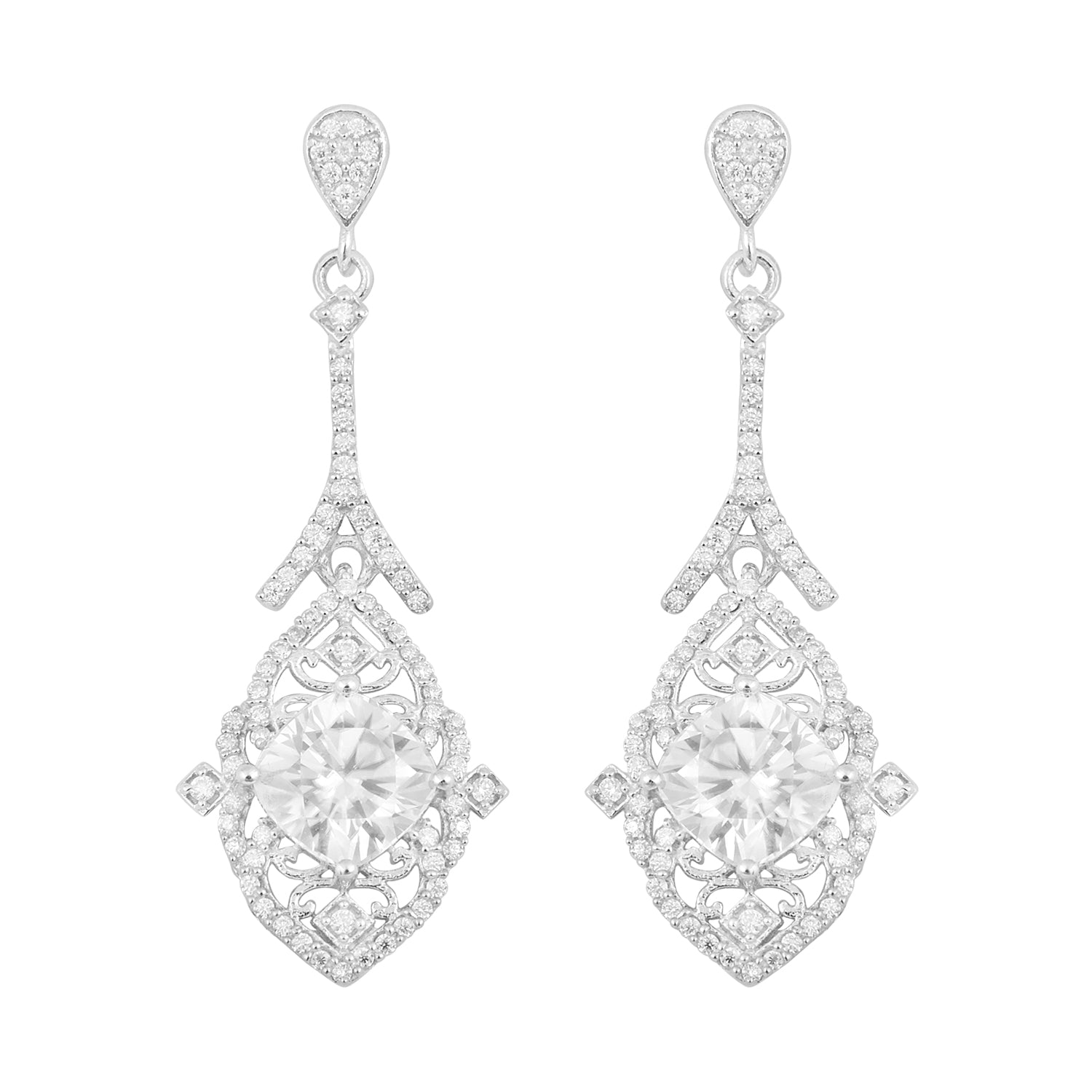 Moissanite Intricate Halo Drops Earrings - Sterling Silver