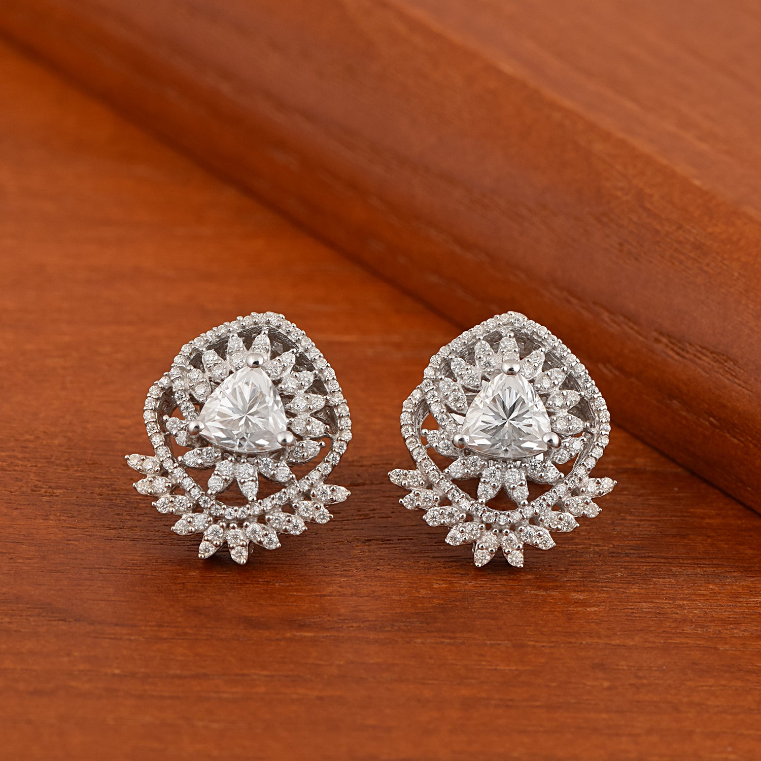 Moissanite Sparkling Floral Trillion Stud Earrings - Sterling Silver