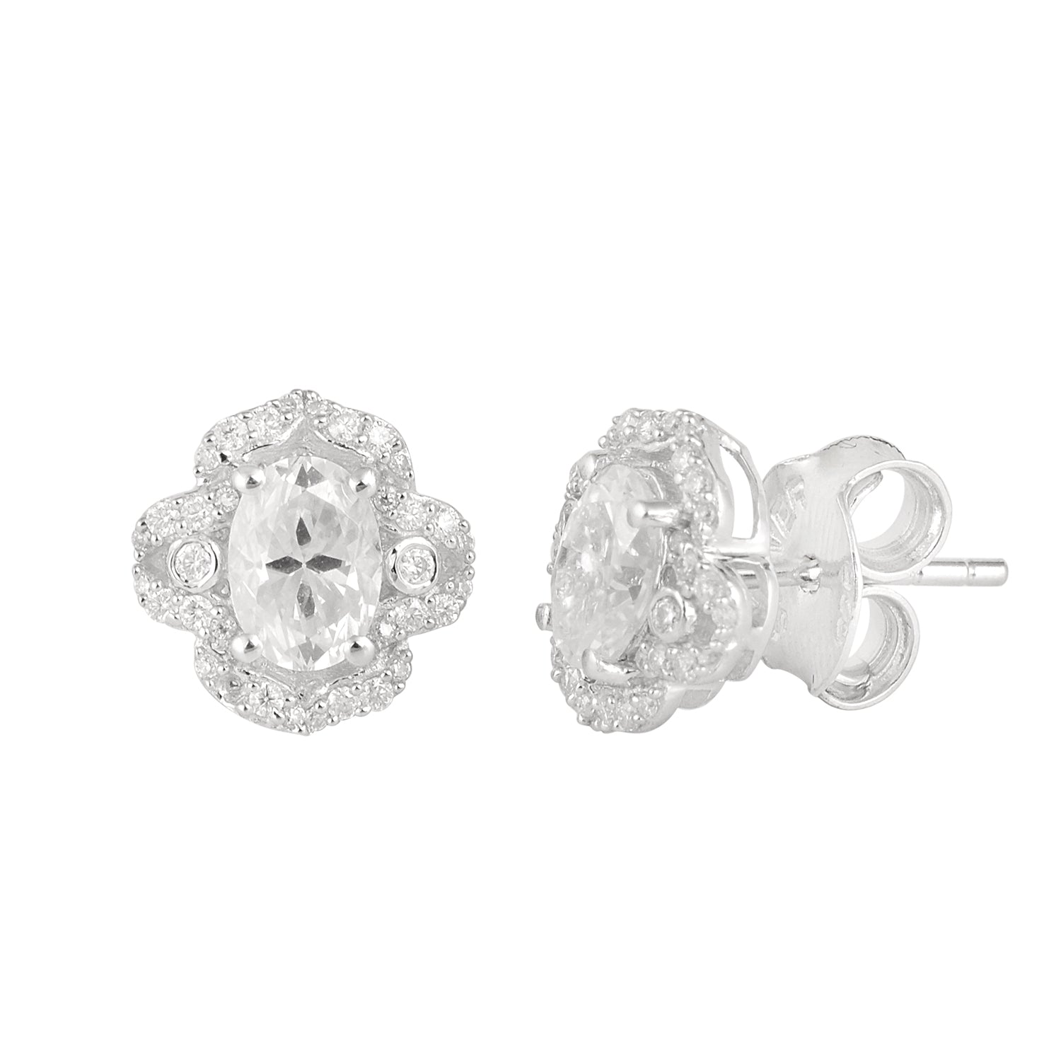 Moissanite Halo Design Stud Earrings - Sterling Silver