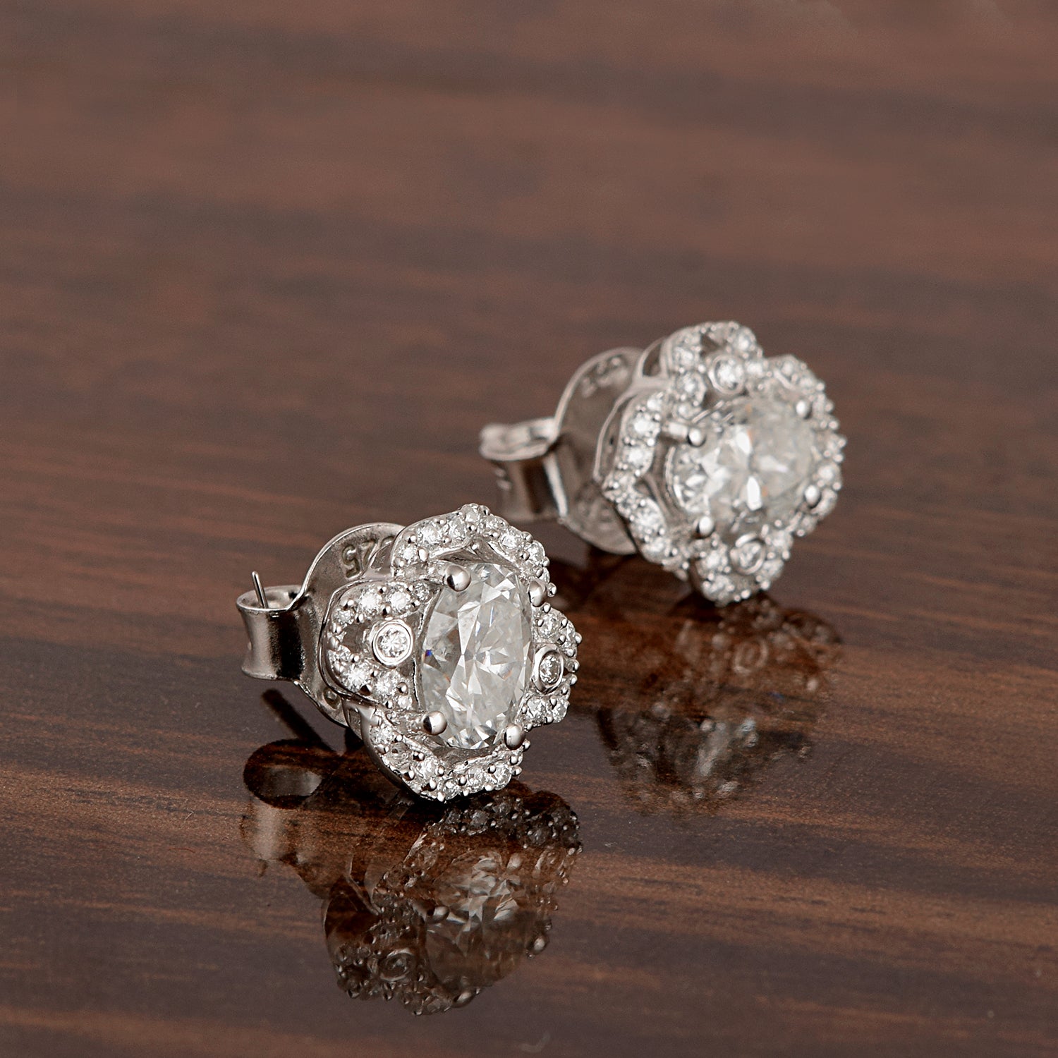 Moissanite Halo Design Stud Earrings - Sterling Silver
